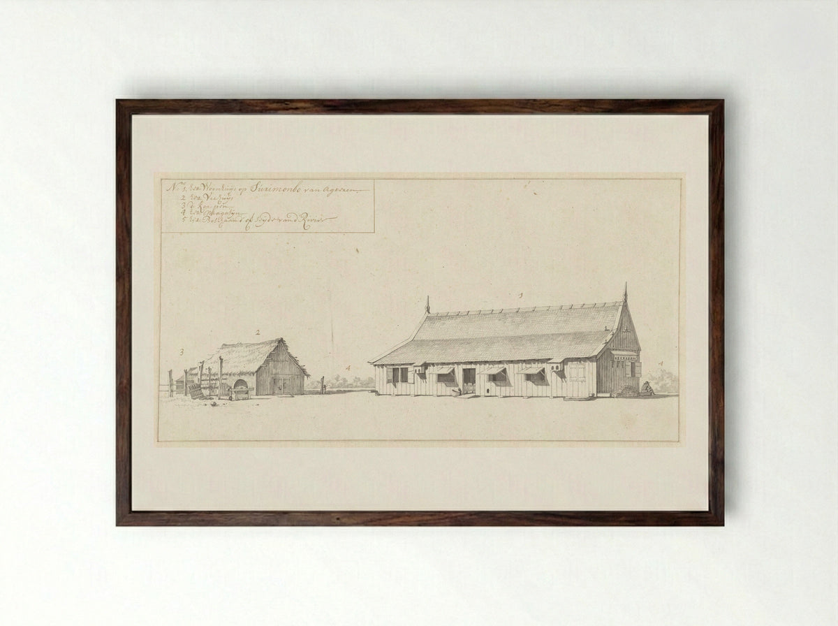 Residence and a Barn on the Surimombo Plantation - Dirk Valkenburg - Framed Print Dark Wood
