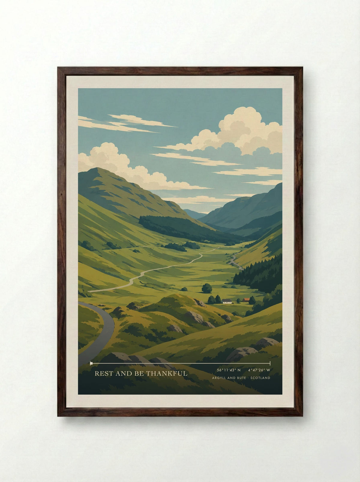 Rest and Be Thankful, Argyll and Bute | Travel Poster - Framed Print Dark Wood