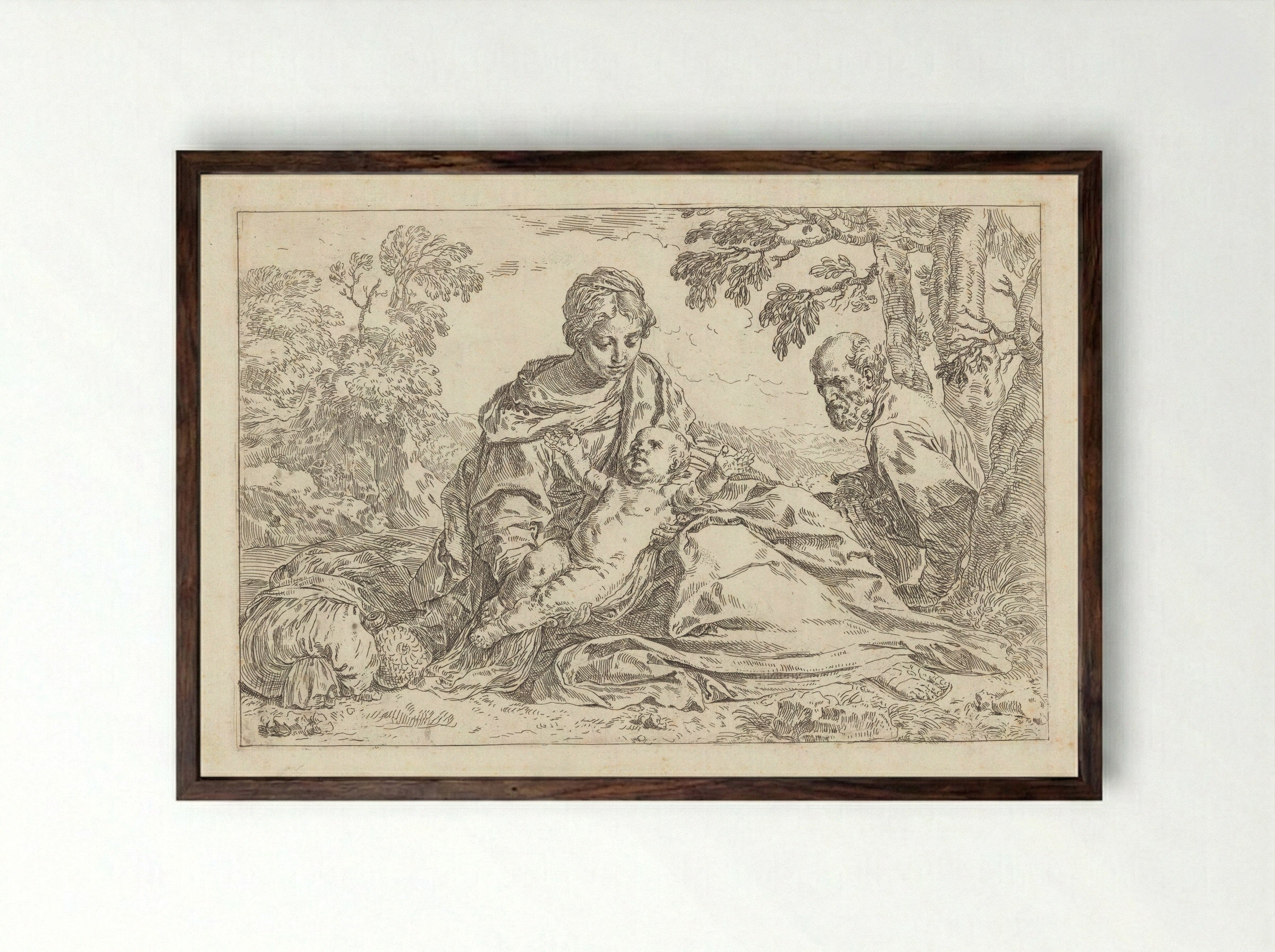 Rest on the Flight into Egypt - Simone Cantarini - Framed Print Dark Wood