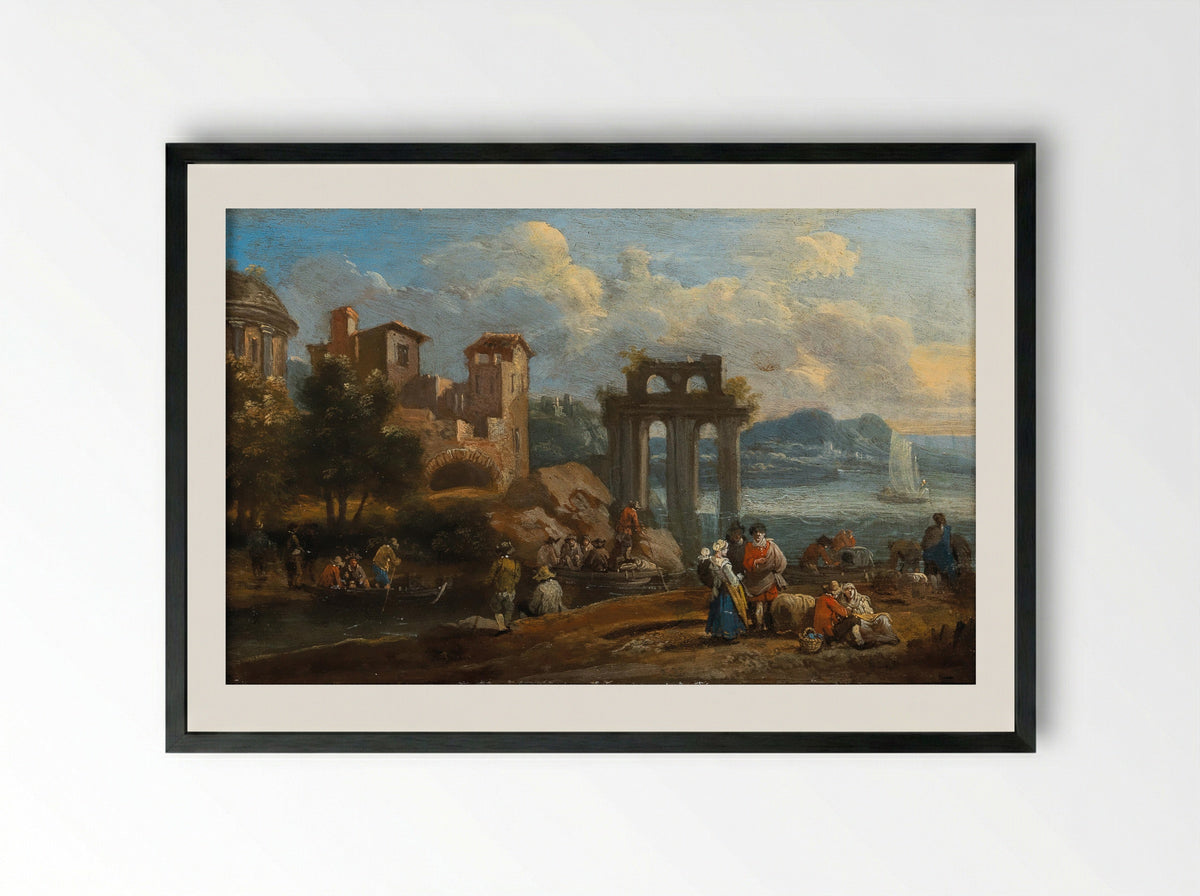 Resting Sportsmen near a Fountain of Neptune - Pieter Bout - Framed Print Black