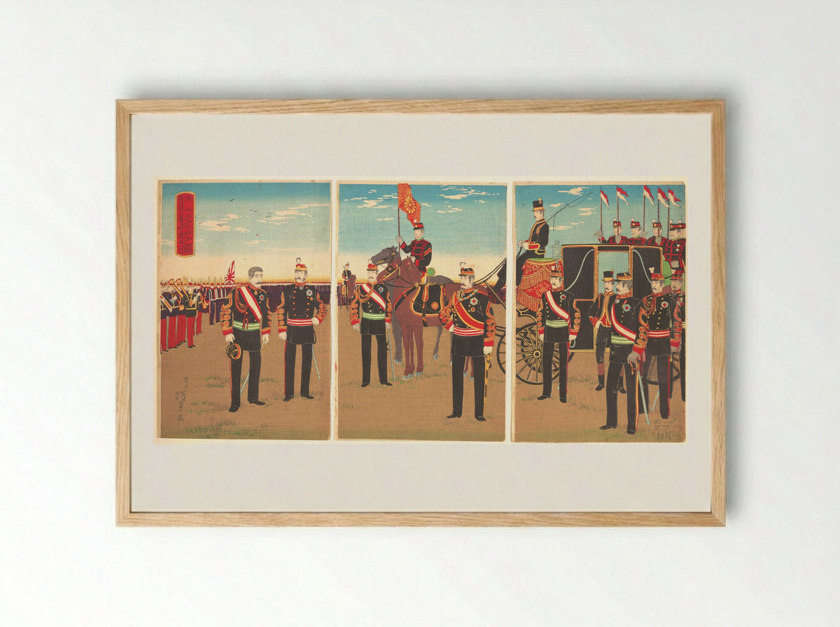 Review of Troops at the Aoyama Parade Grounds - Inoue Yasuji - Framed Print Wood
