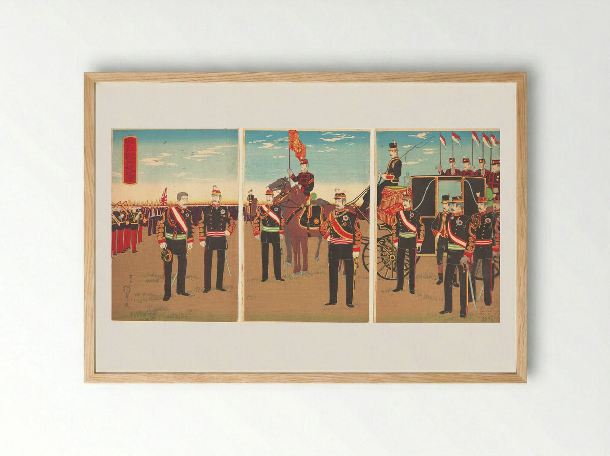 Review of Troops at the Aoyama Parade Grounds - Inoue Yasuji - Framed Print Wood