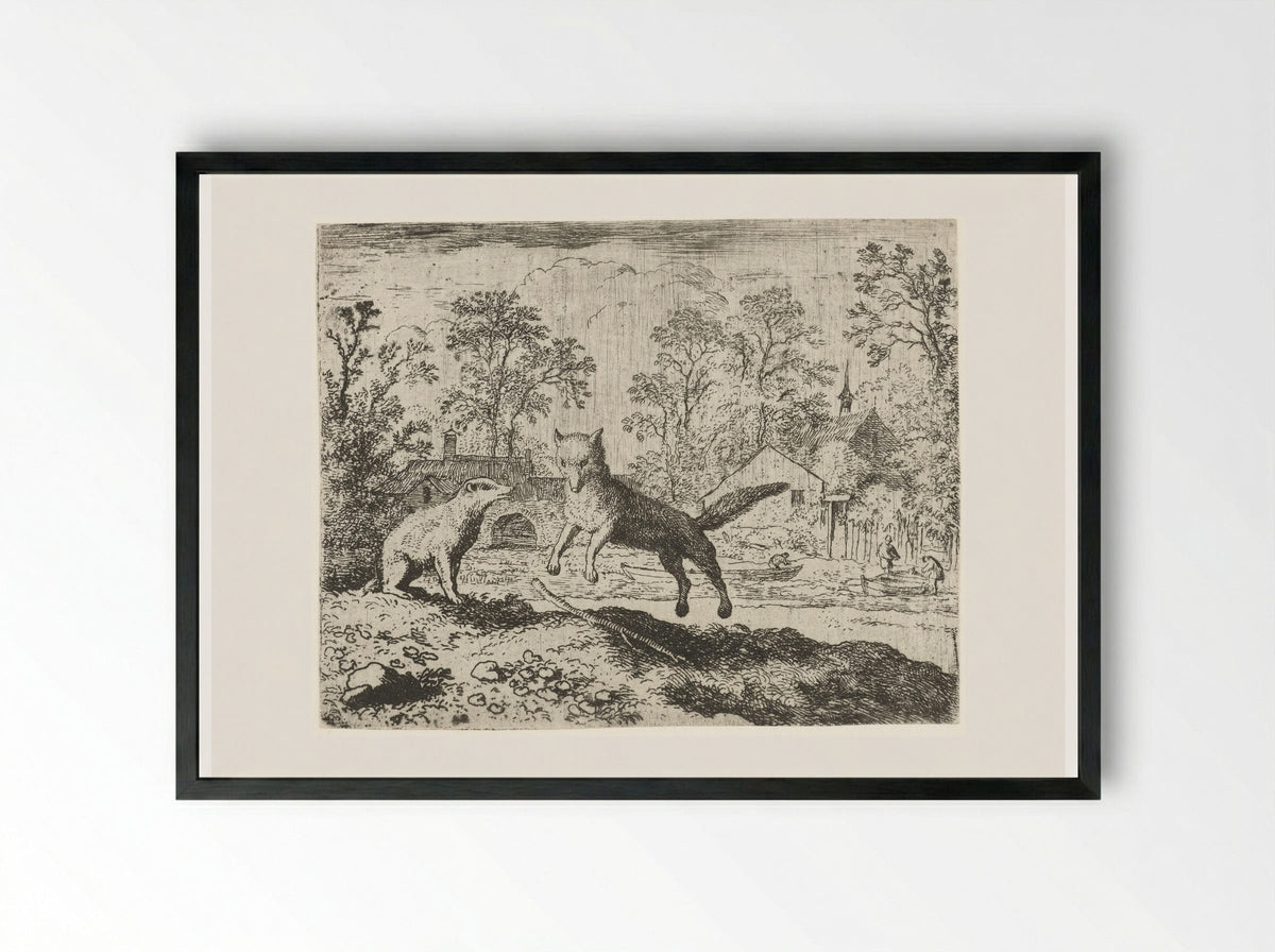 Reynard the Fox Confessing to Grimbert the Badger - Allaert van Everdingen - Framed Print Black