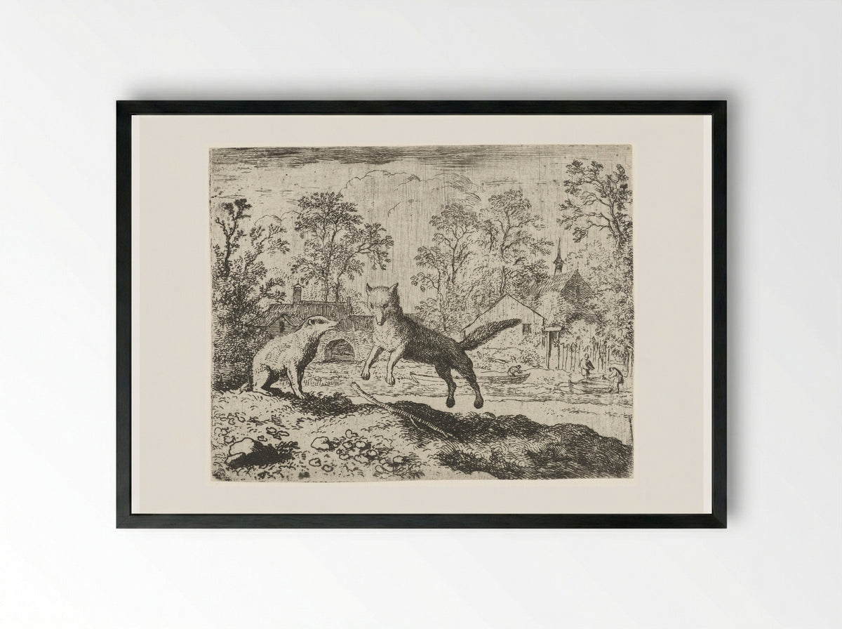 Reynard the Fox Confessing to Grimbert the Badger - Allaert van Everdingen - Framed Print Black