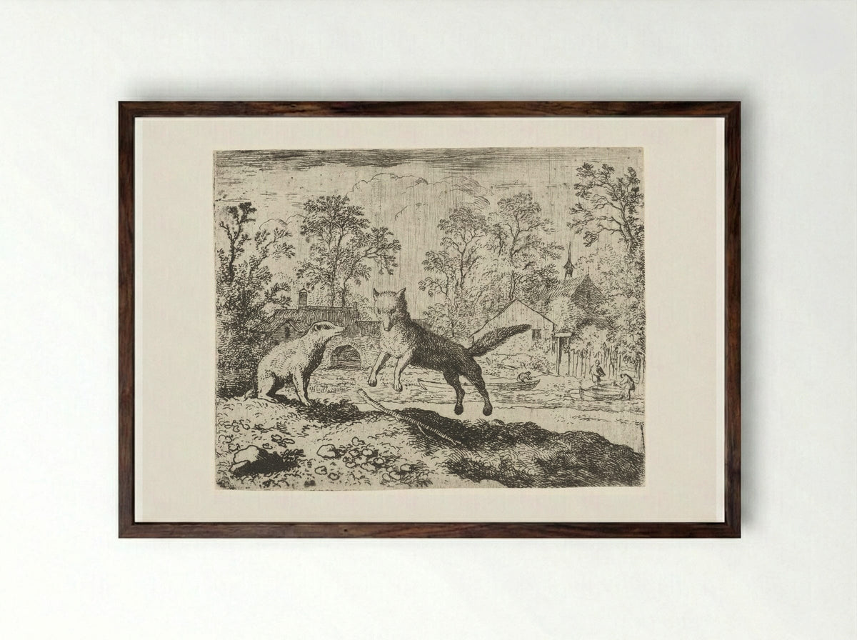 Reynard the Fox Confessing to Grimbert the Badger - Allaert van Everdingen - Framed Print Dark Wood