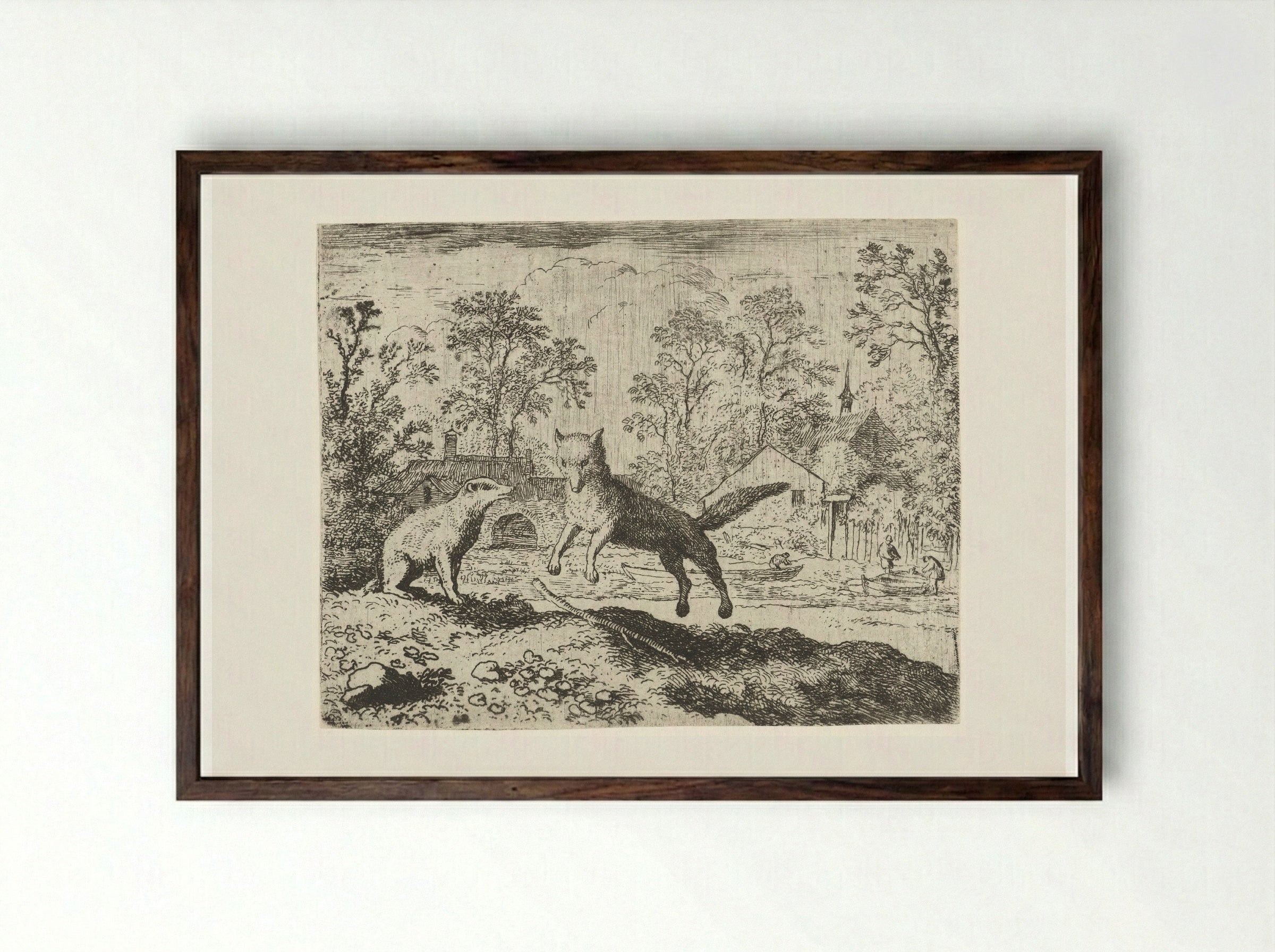 Reynard the Fox Confessing to Grimbert the Badger - Allaert van Everdingen - Framed Print Dark Wood
