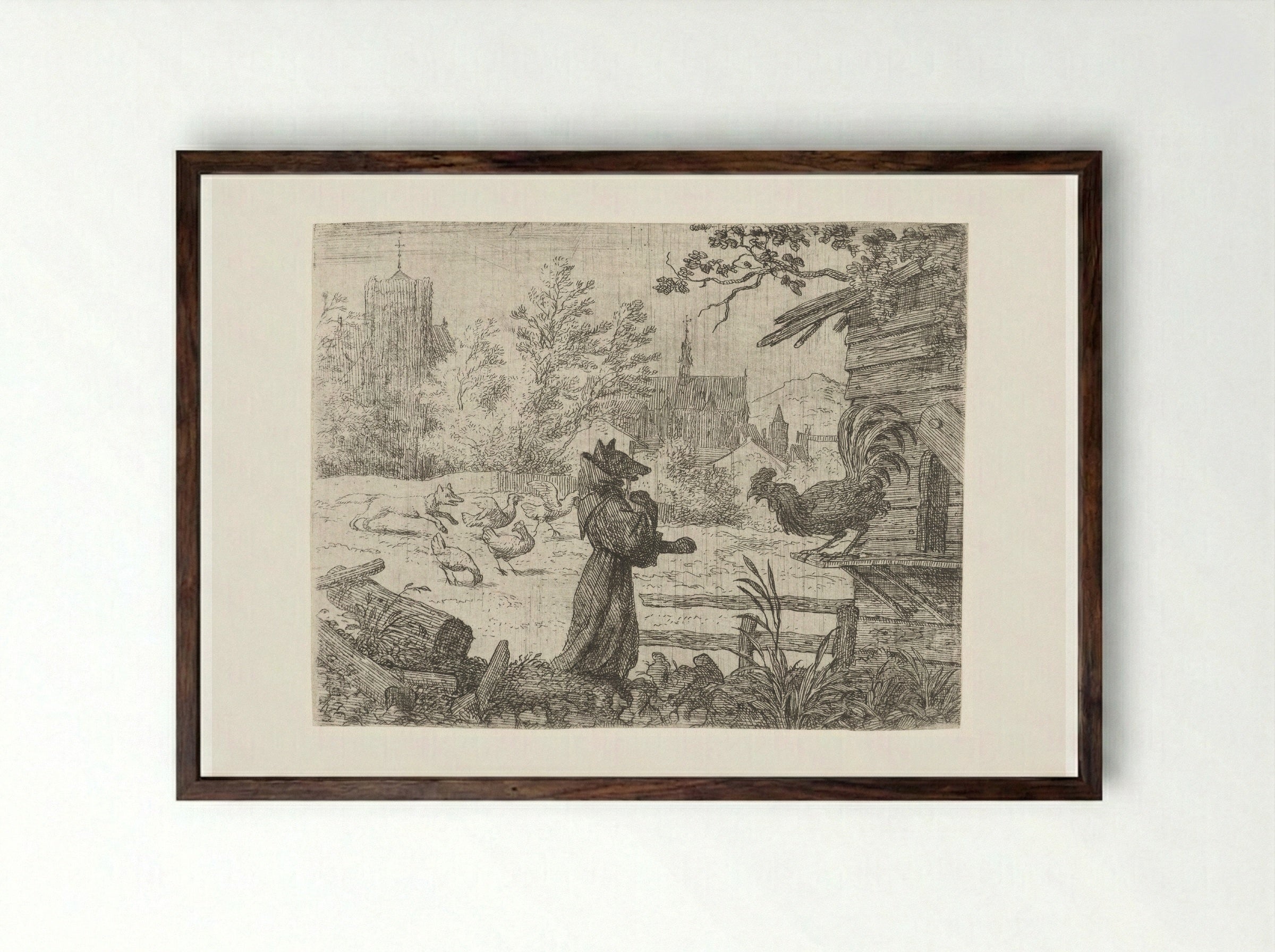 Reynard the Fox Disguised as a Monk - Allaert van Everdingen - Framed Print Dark Wood