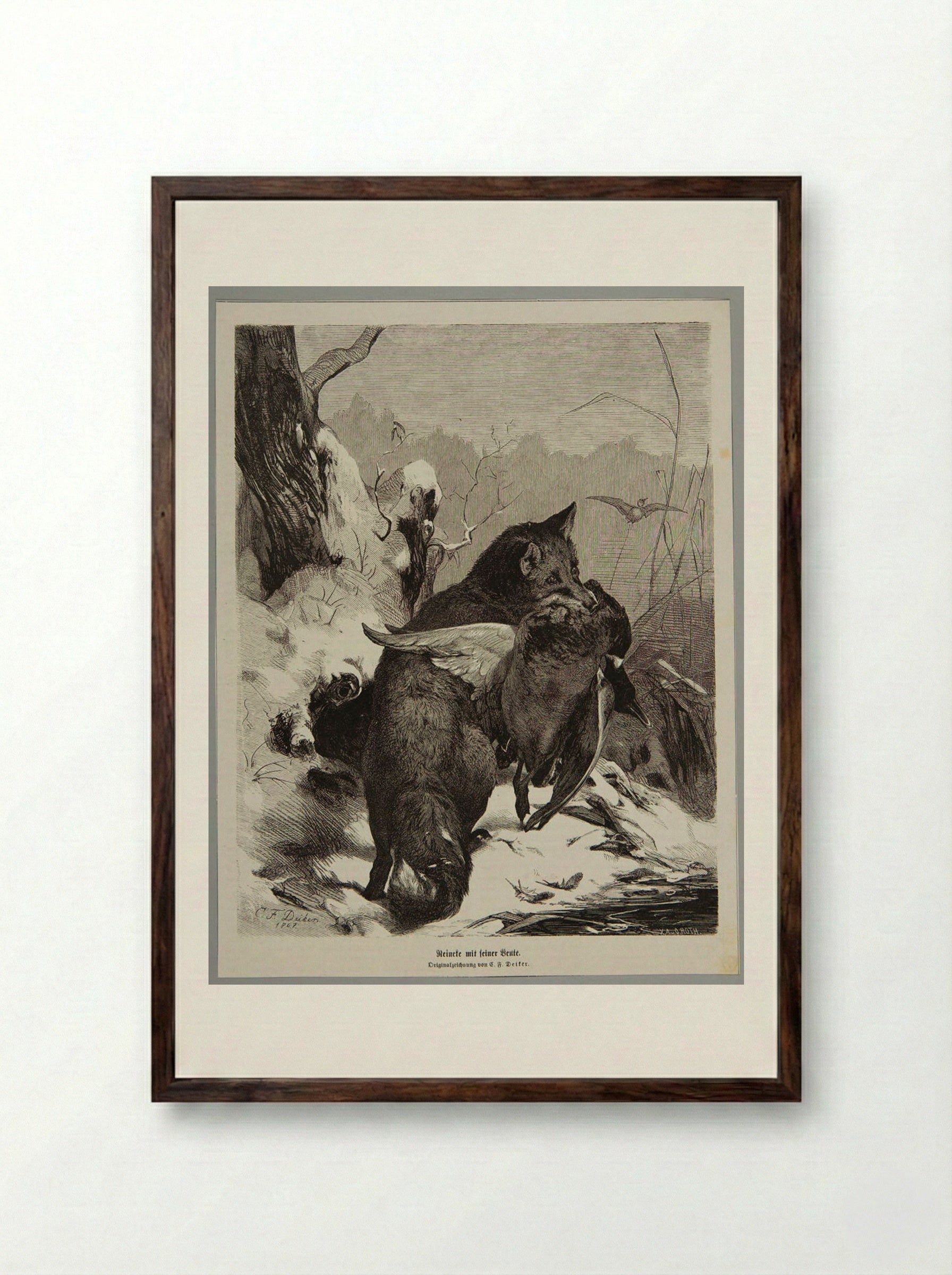 Reynard with His Prey - O. Roth - Framed Print Dark Wood