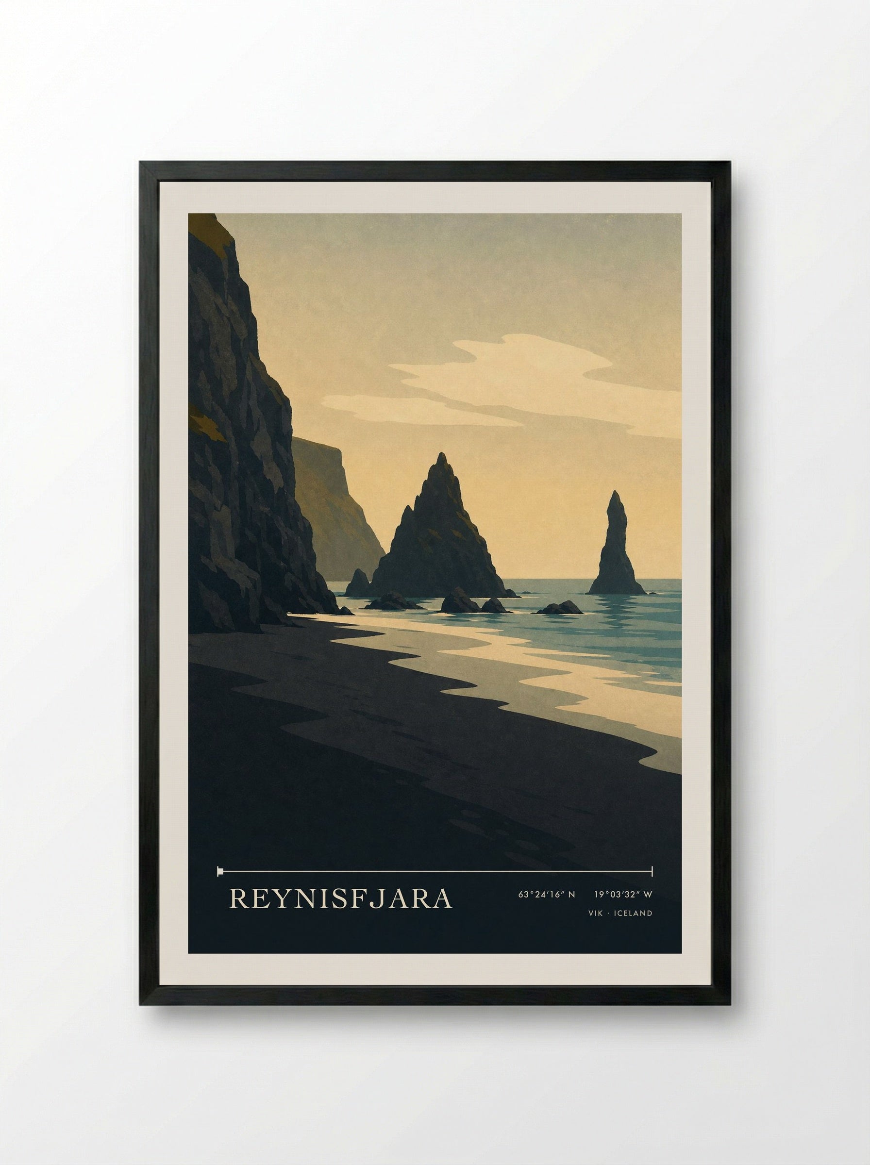 Reynisfjara Travel Poster Artwork - Framed Print Black