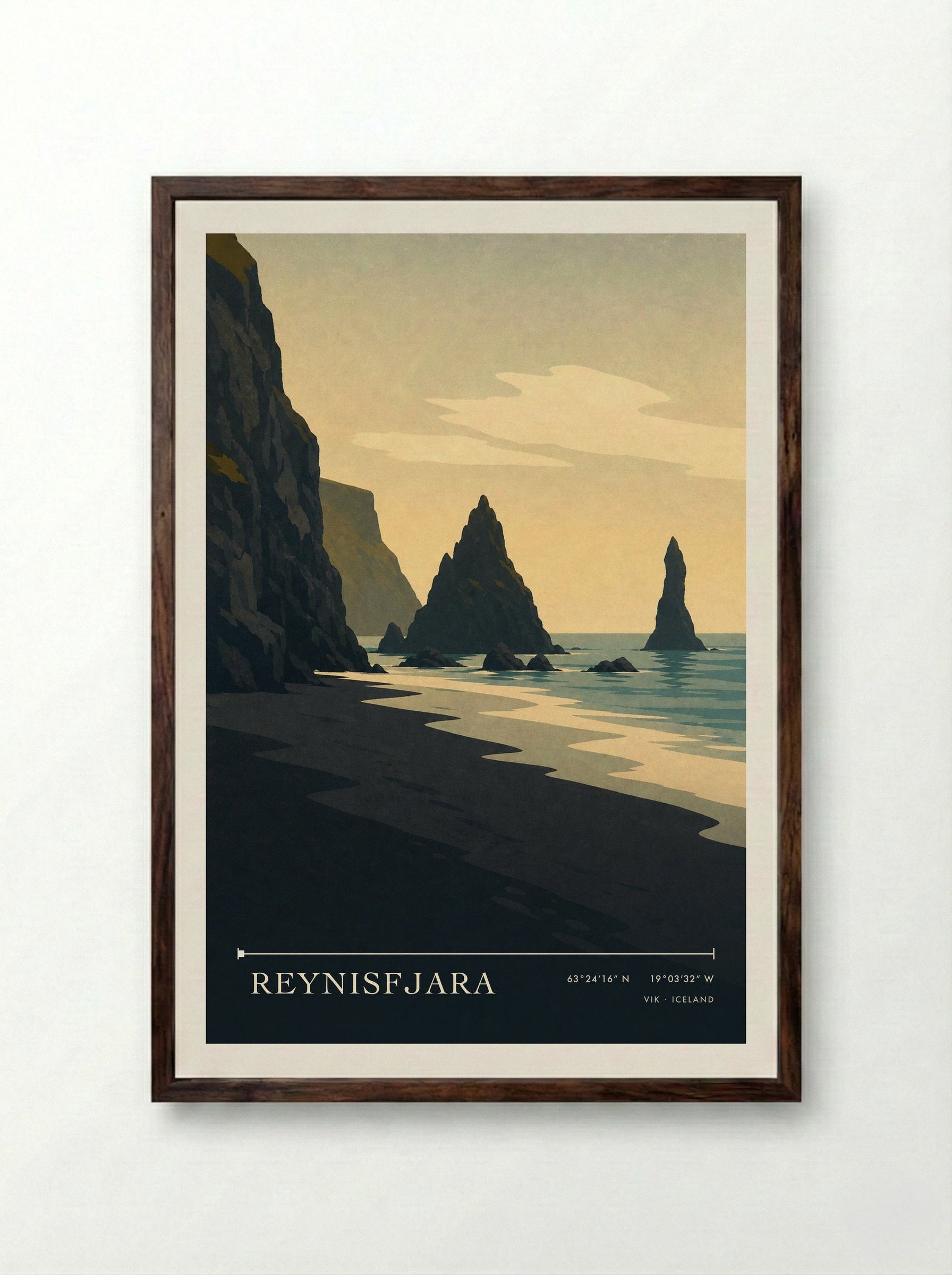 Reynisfjara Travel Poster Artwork - Framed Print Dark Wood