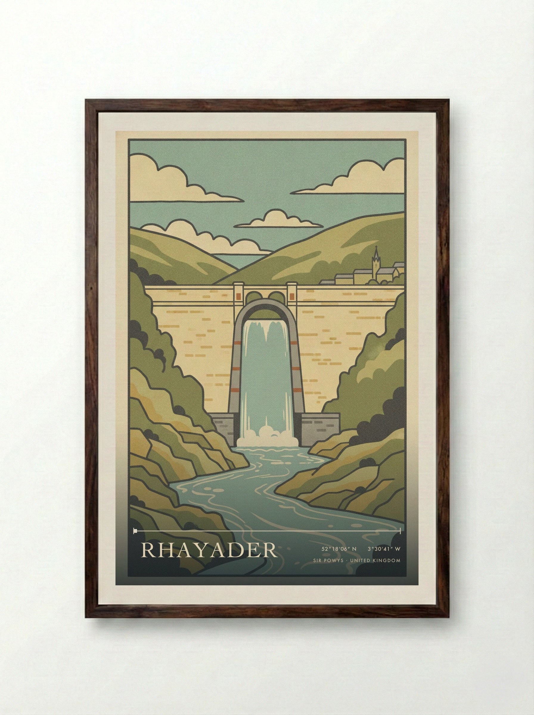 Rhayader Sir Powys United Kingdom Travel Poster - Framed Print Dark Wood