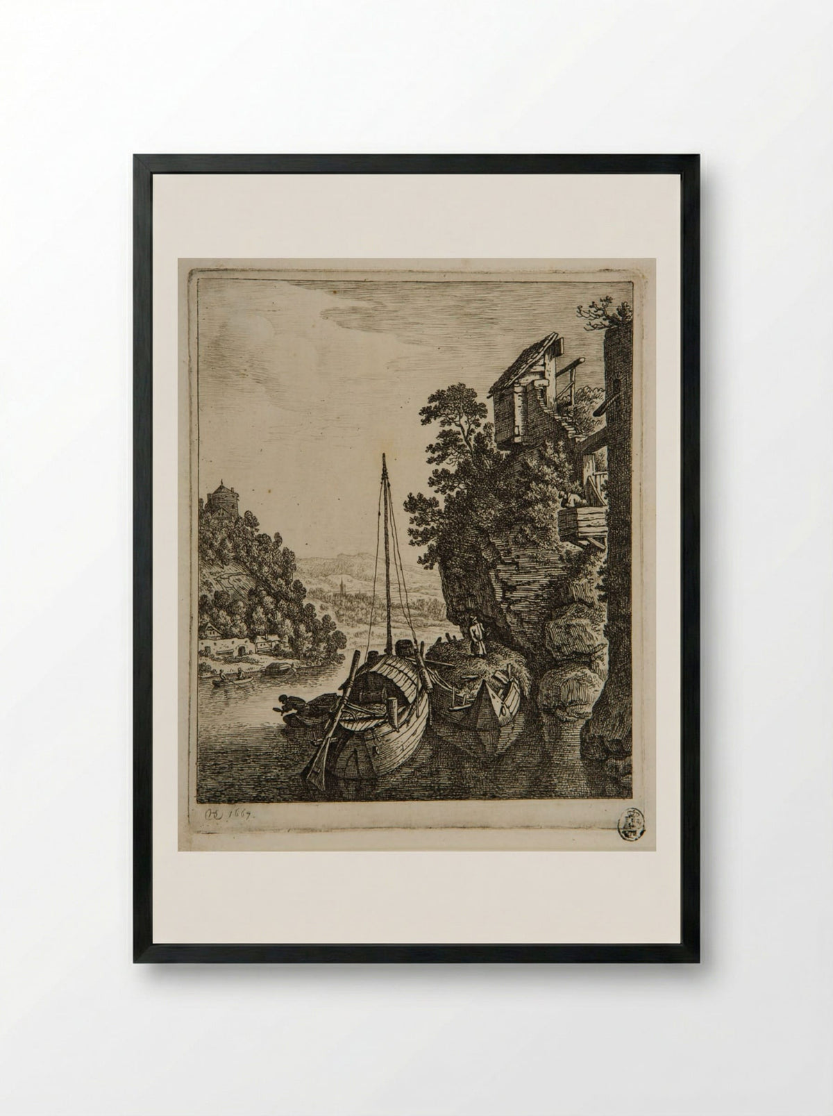 Rhine Landscape with Two Boats - Herman Saftleven - Framed Print Black