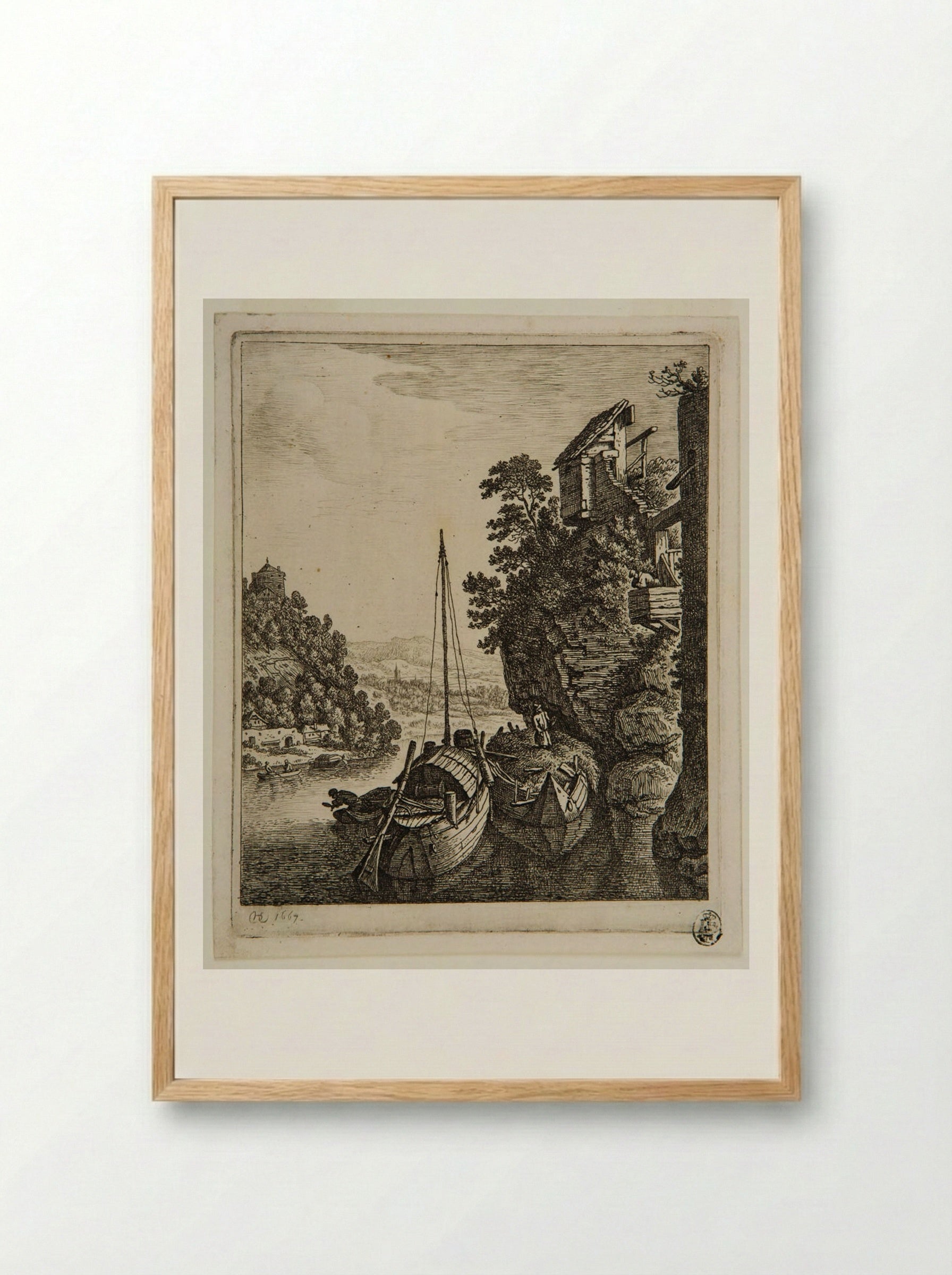Rhine Landscape with Two Boats - Herman Saftleven - Framed Print Wood