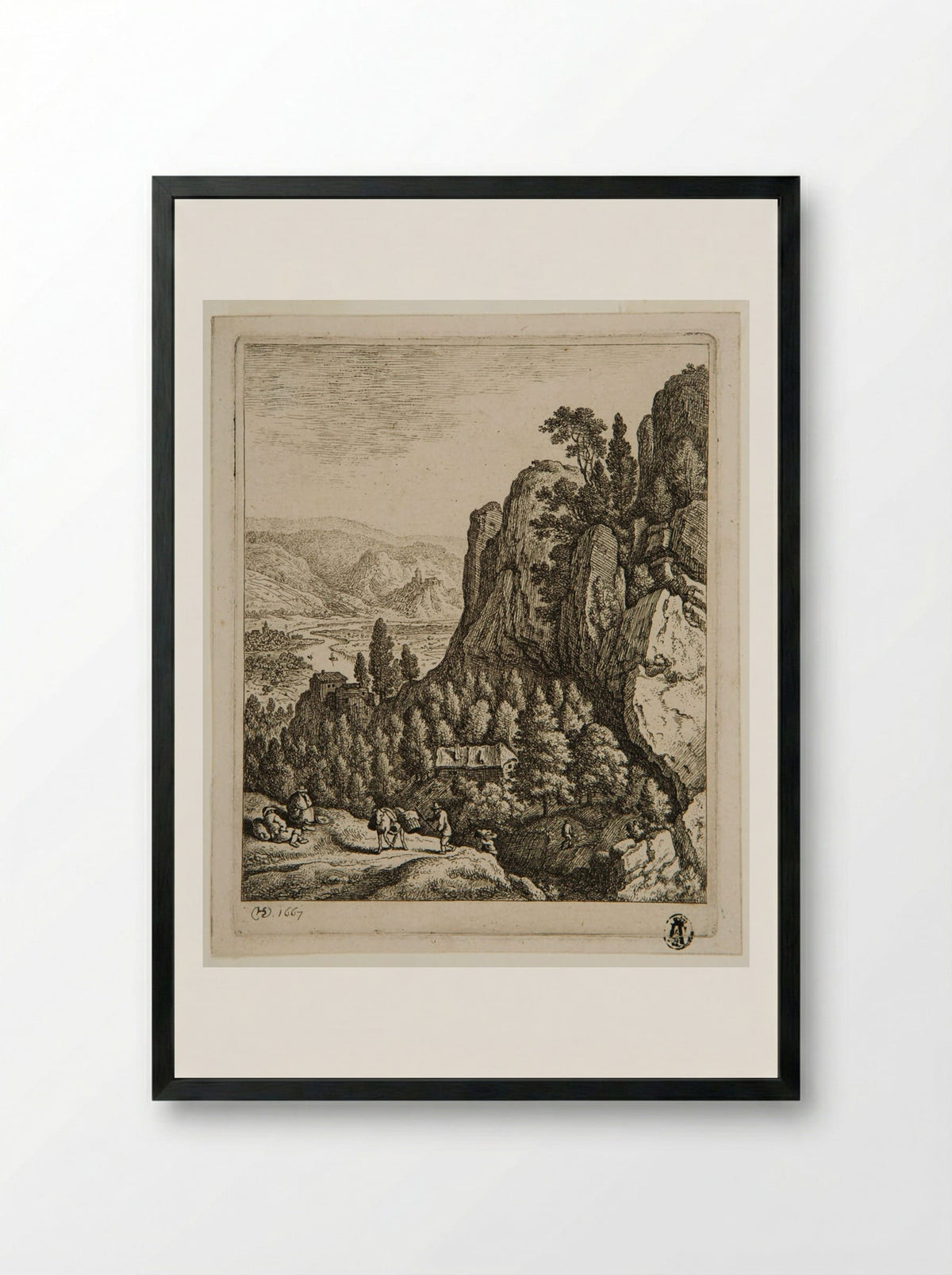 Rhine Landscape with a House at the Base of a Cliff - Herman Saftleven - Framed Print Black
