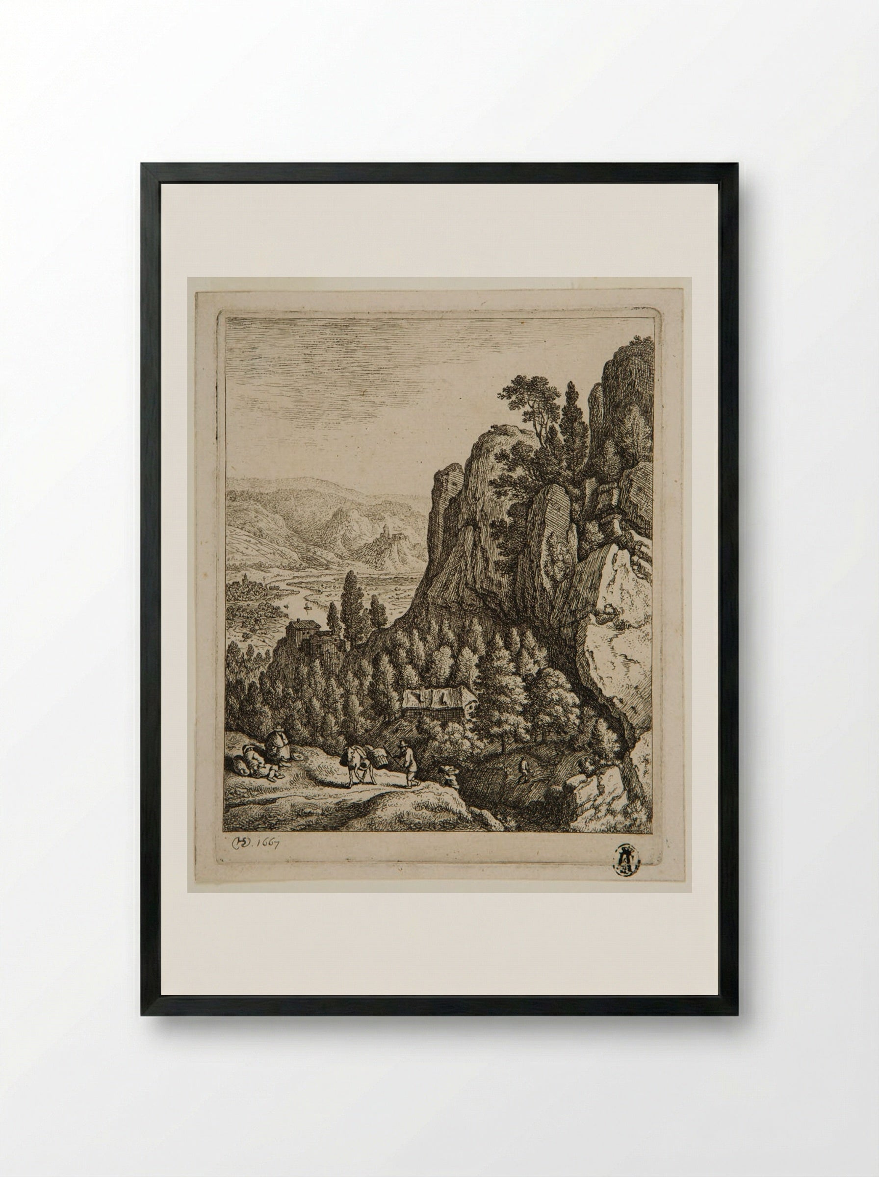 Rhine Landscape with a House at the Base of a Cliff - Herman Saftleven - Framed Print Black
