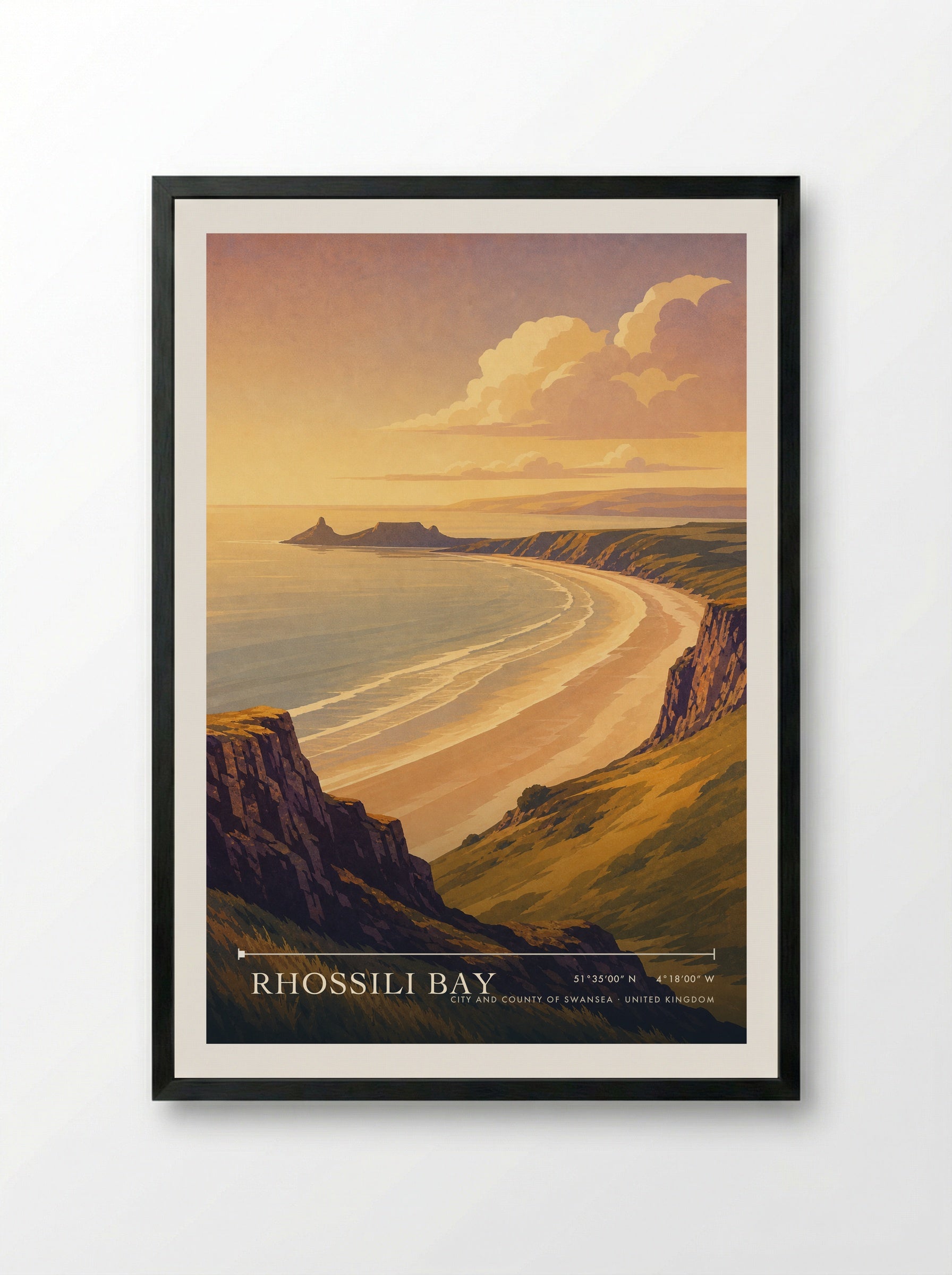 Rhossili Bay City and County of Swansea United Kingdom Travel Poster - Framed Print Black