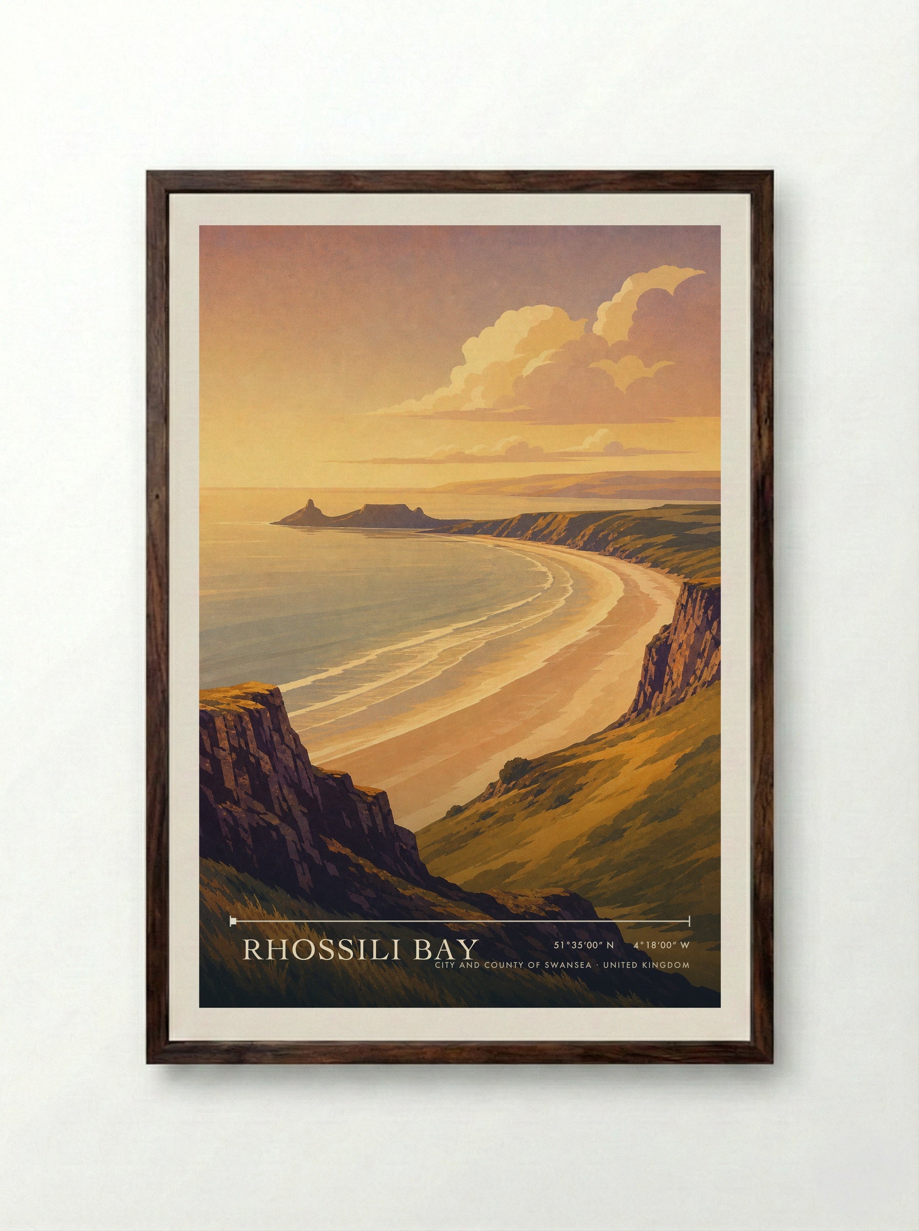Rhossili Bay City and County of Swansea United Kingdom Travel Poster - Framed Print Dark Wood