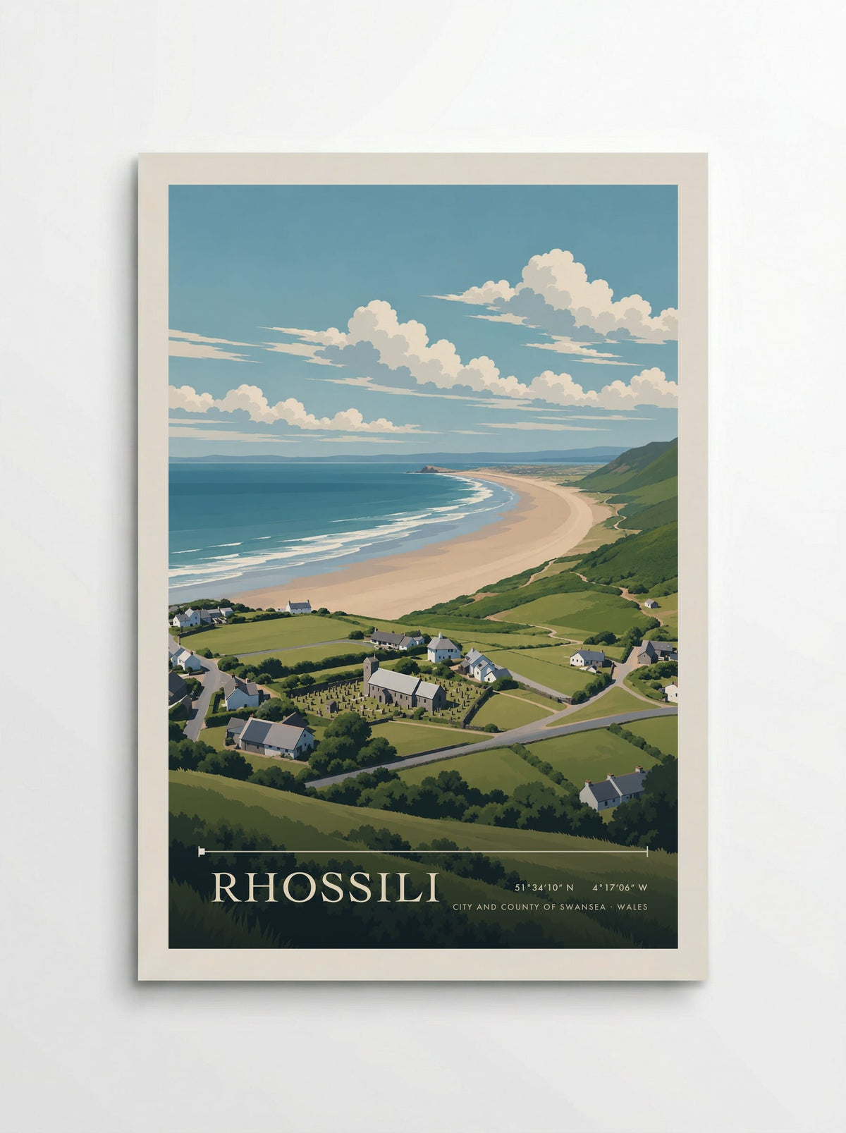 Rhossili, City and County of Swansea travel poster: a stone church, white cottages and green hillside fields beside blue Atlantic surf in summer light