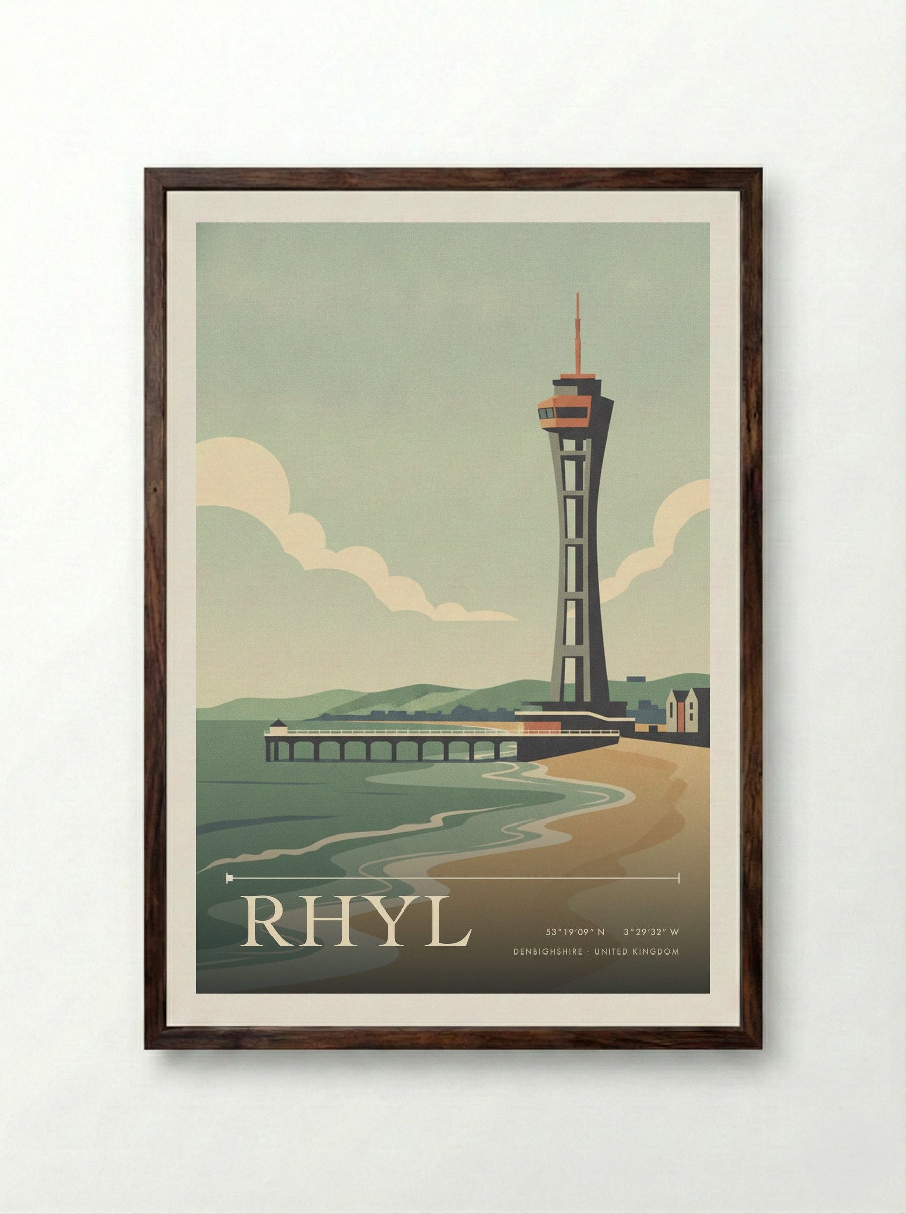 Rhyl Denbighshire United Kingdom Travel Poster - Framed Print Dark Wood