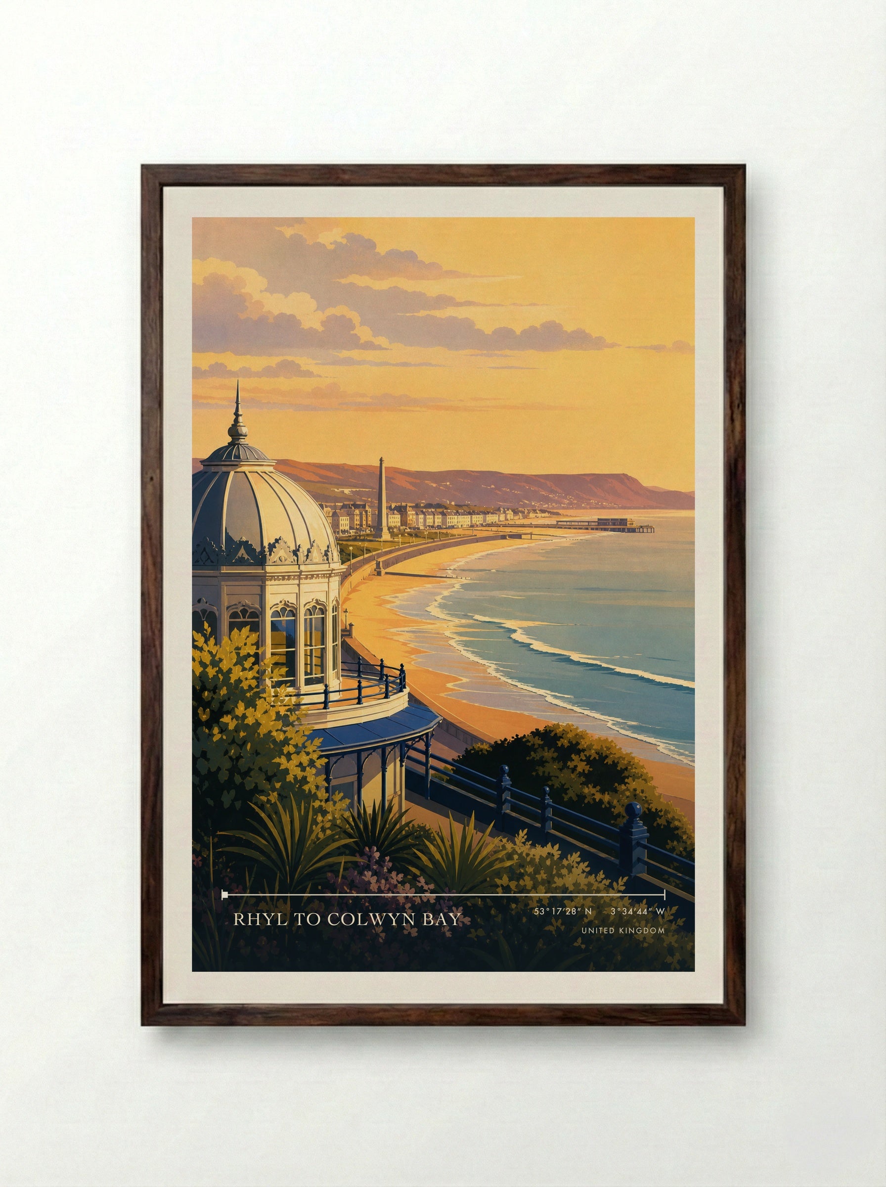Rhyl to Colwyn Bay United Kingdom Travel Poster - Framed Print Dark Wood