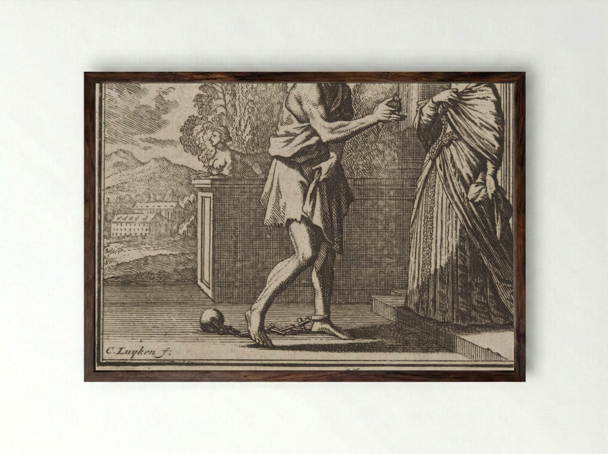 Ridder de Bacheville keert in slavenkleding terug uit gevangenschap - Caspar Luyken - Framed Print Dark Wood