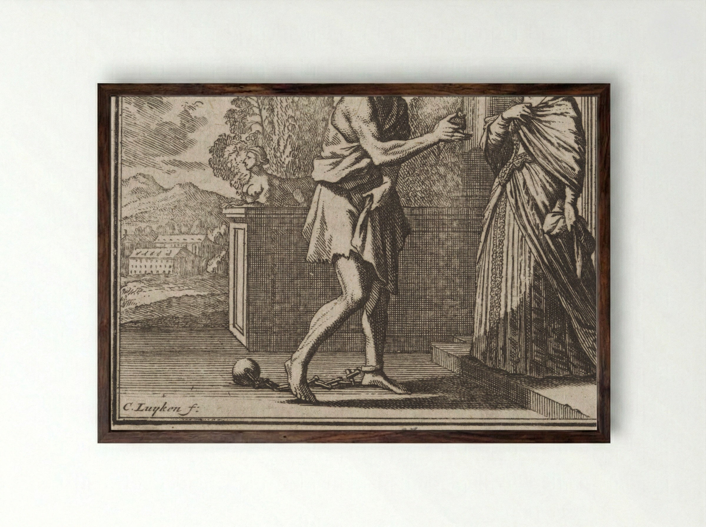 Ridder de Bacheville keert in slavenkleding terug uit gevangenschap - Caspar Luyken - Framed Print Dark Wood