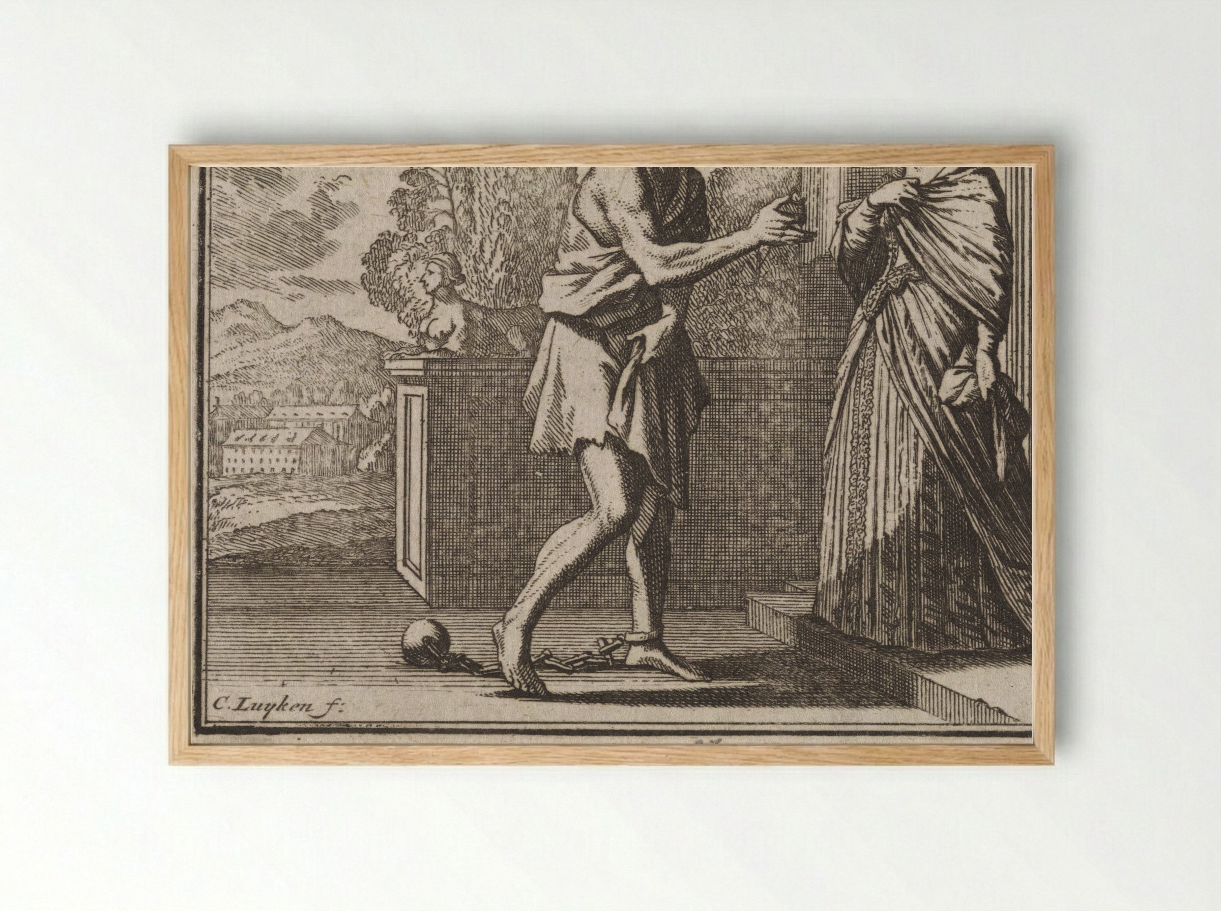Ridder de Bacheville keert in slavenkleding terug uit gevangenschap - Caspar Luyken - Framed Print Wood