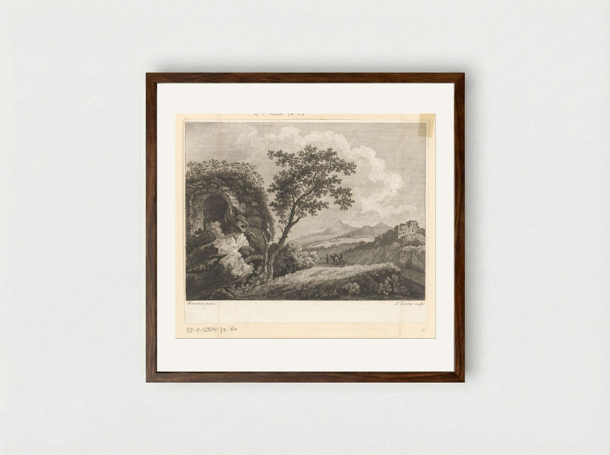 Riders in a Landscape with Ruins - Ludwig Zentner - Framed Print Dark Wood
