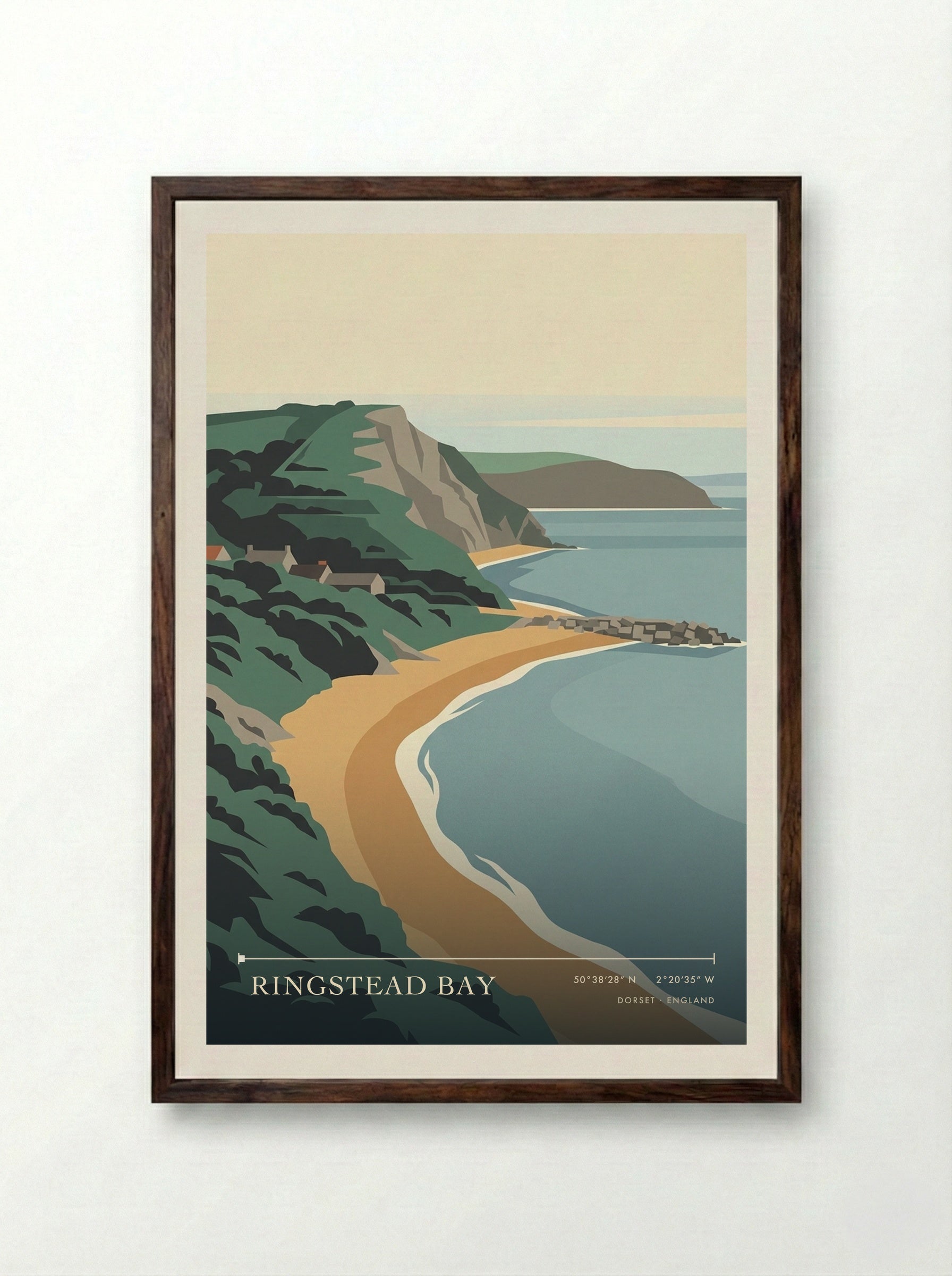 Ringstead Bay Dorset England Travel Poster - Framed Print Dark Wood
