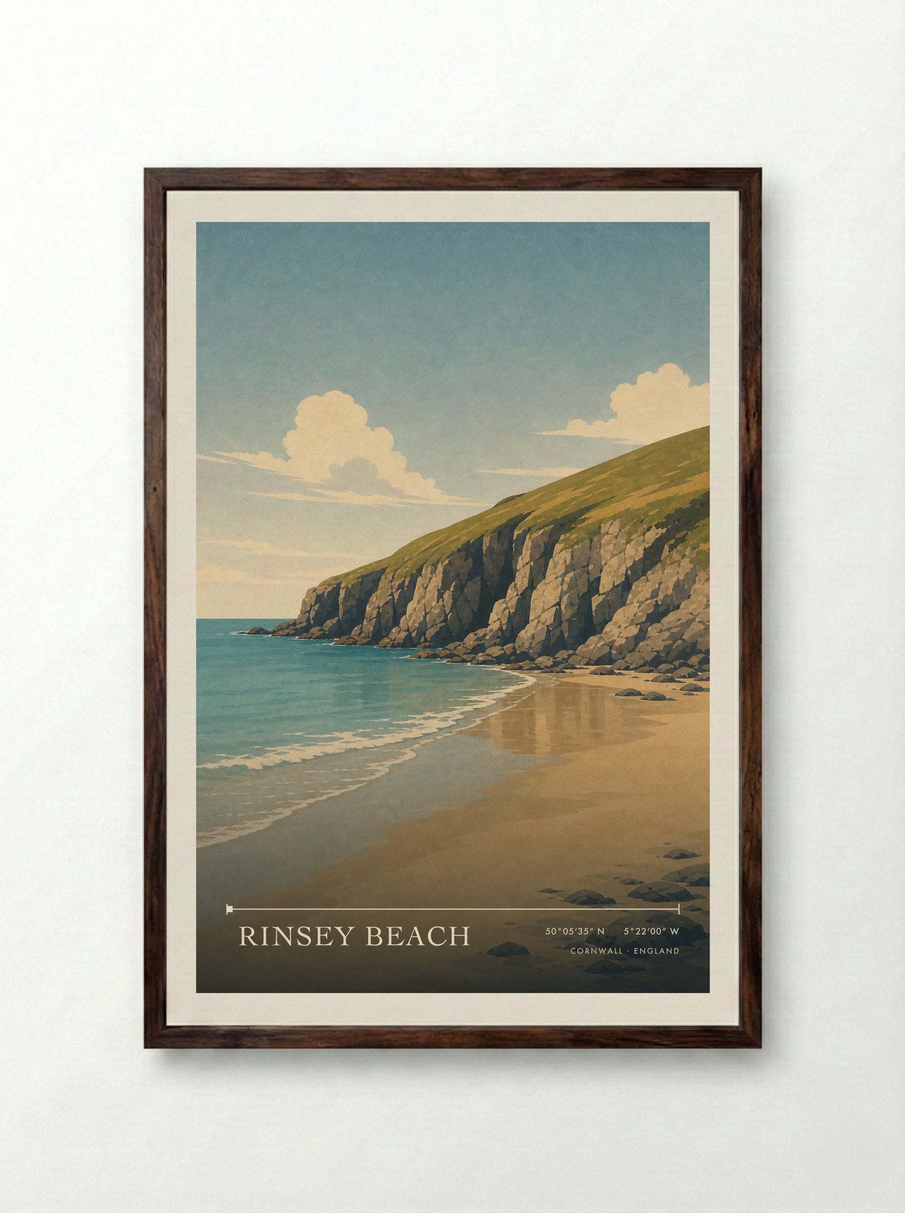 Rinsey Beach Cornwall England Travel Poster - Framed Print Dark Wood