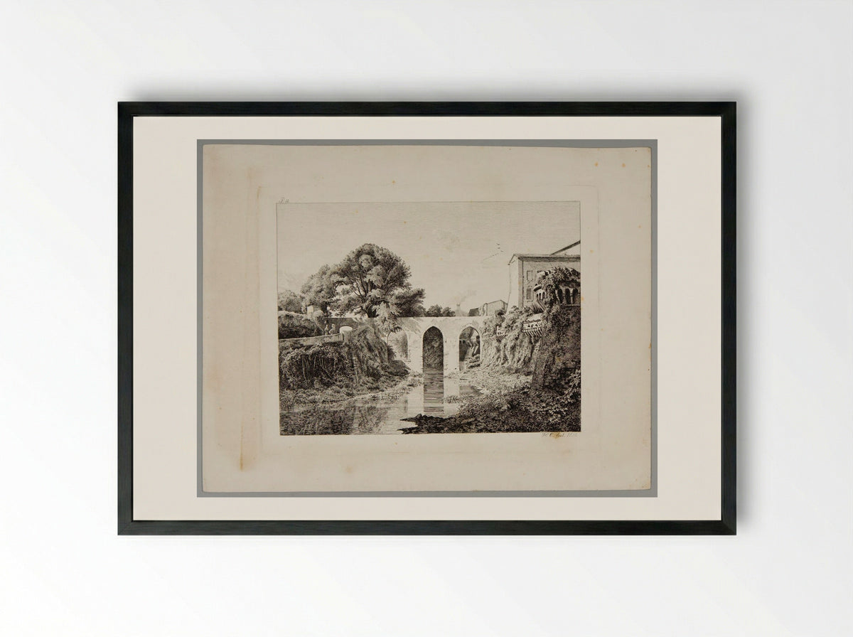 River Bed with Three-Arched Bridge - Johann Hermann Carmiencke - Framed Print Black