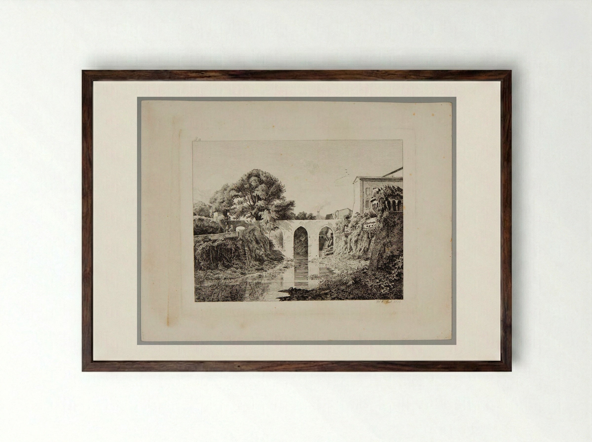 River Bed with Three-Arched Bridge - Johann Hermann Carmiencke - Framed Print Dark Wood