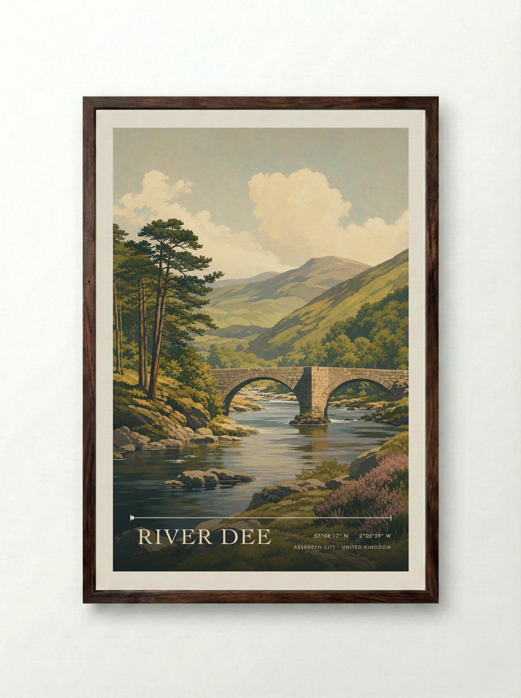 River Dee Aberdeen City United Kingdom Travel Poster - Framed Print Dark Wood