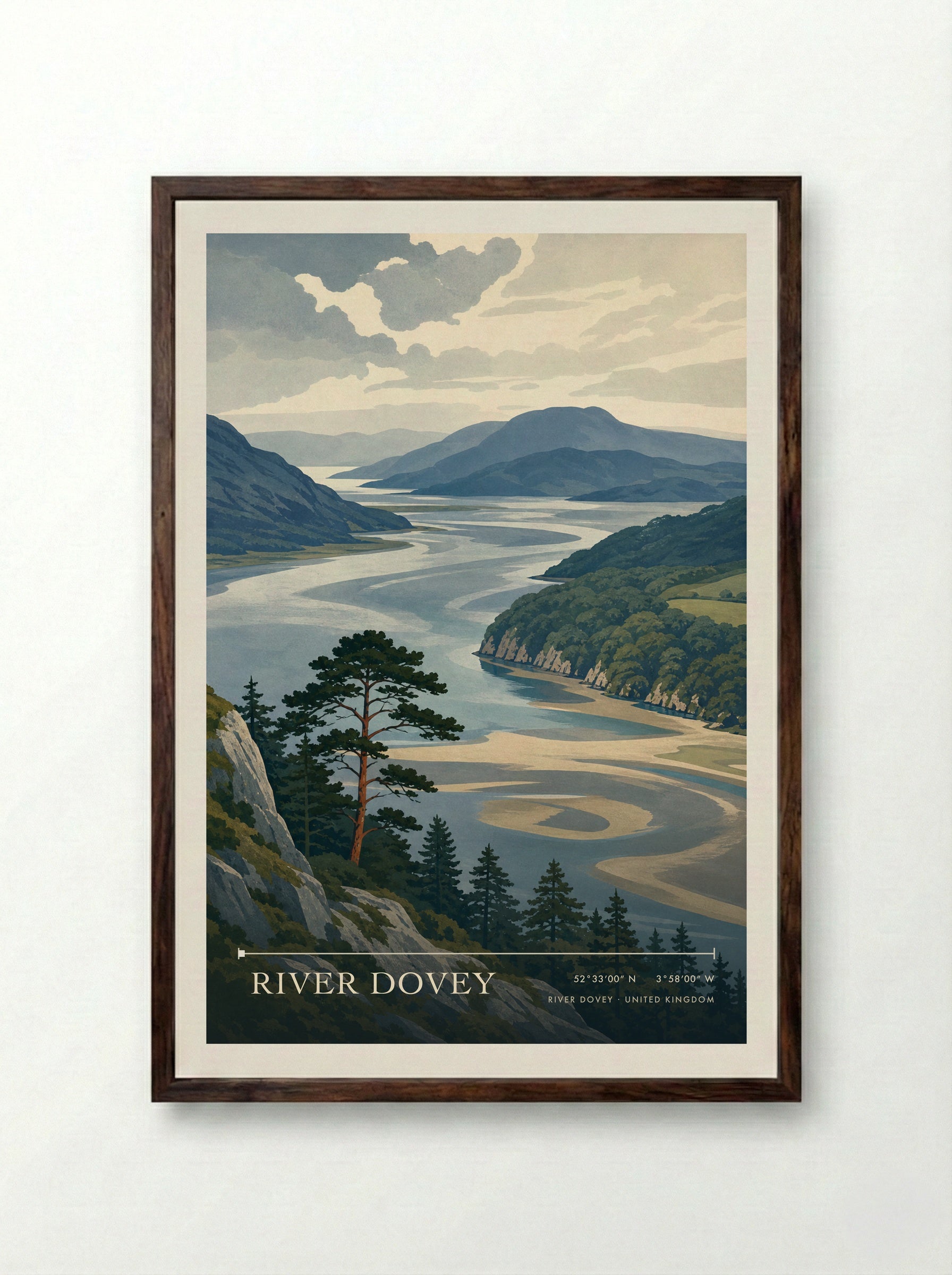 River Dovey United Kingdom Travel Poster - Framed Print Dark Wood