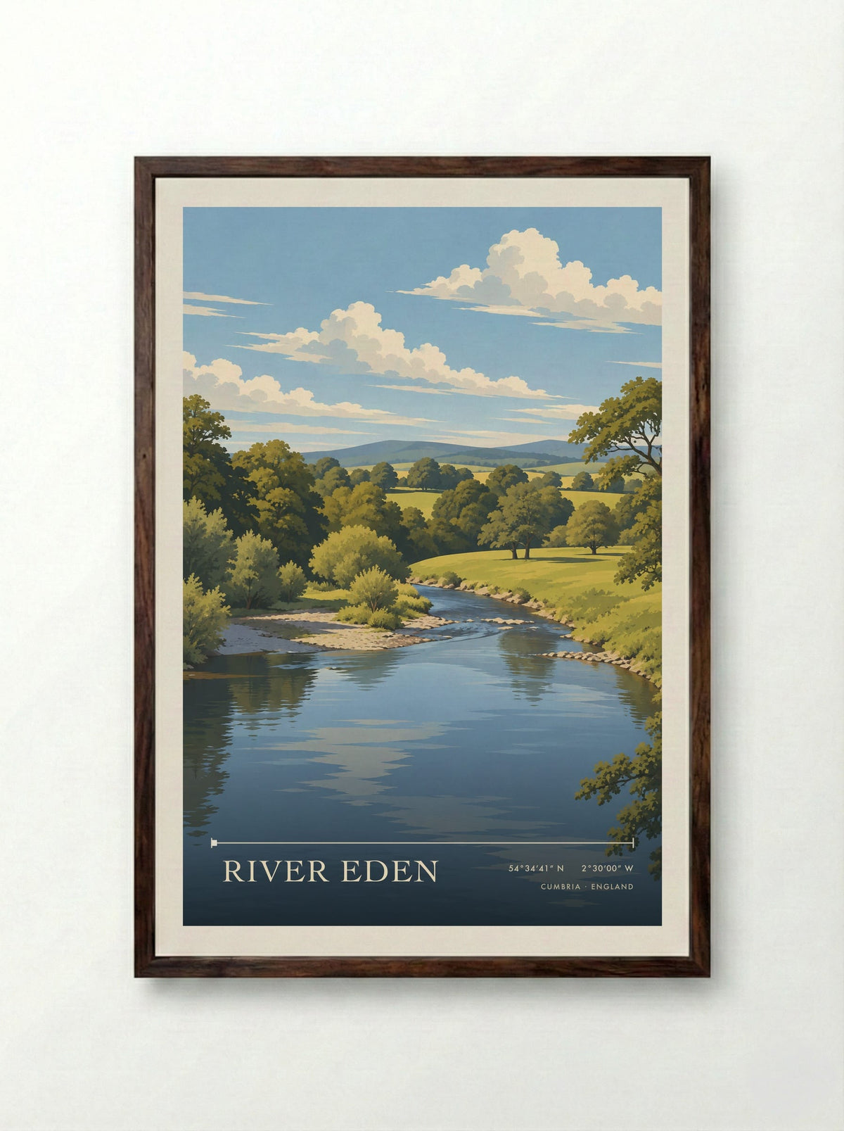 River Eden, Cumbria | Travel Poster - Framed Print Dark Wood