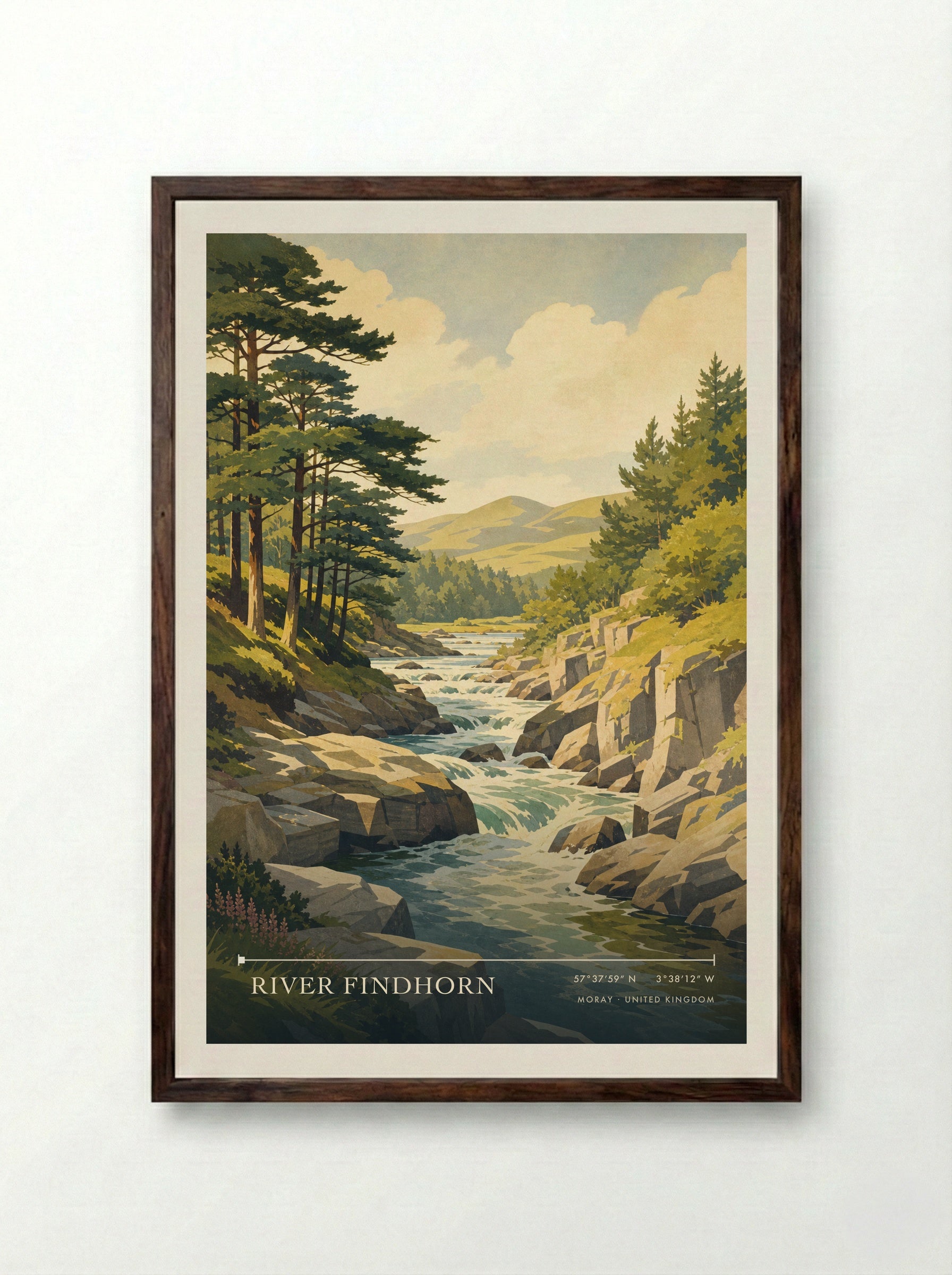 River Findhorn Moray United Kingdom Travel Poster - Framed Print Dark Wood