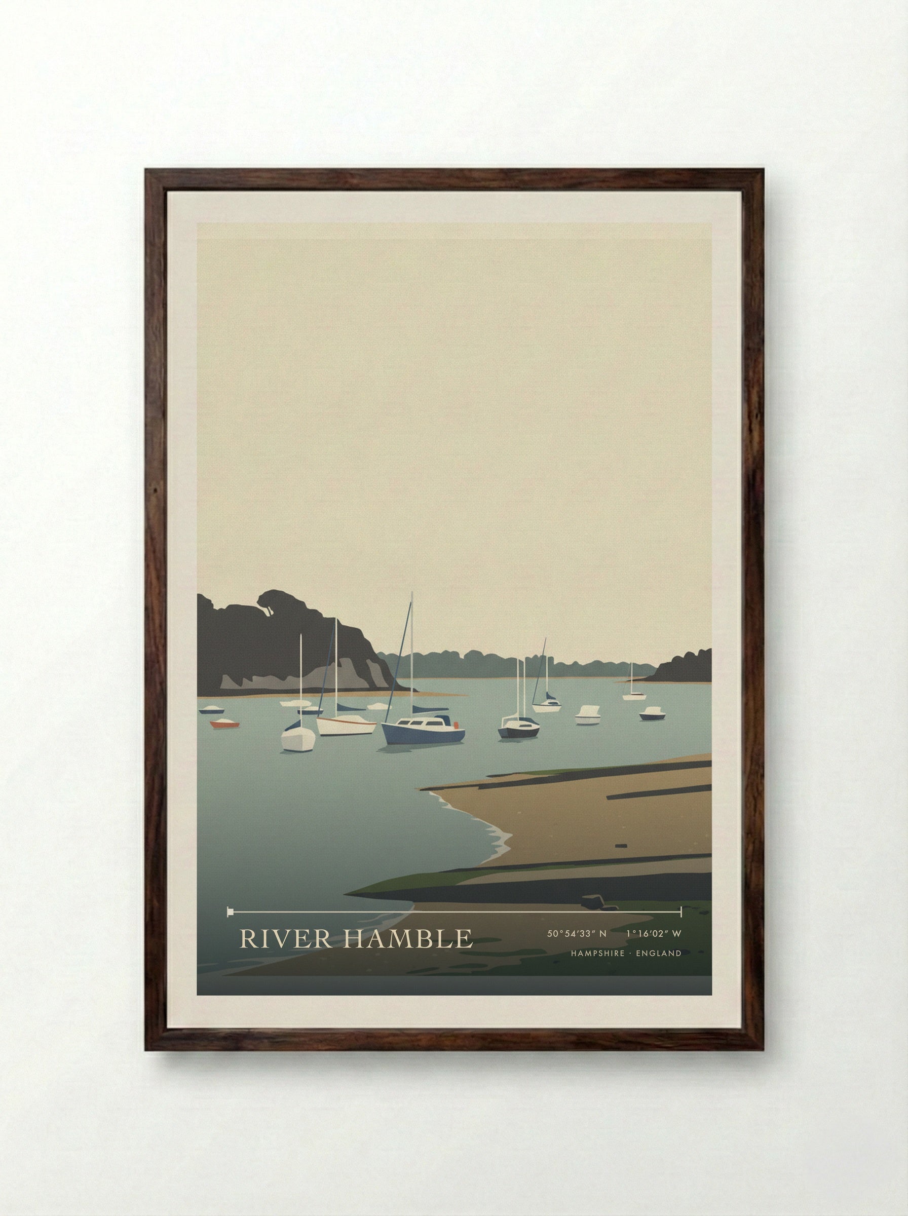 River Hamble Hampshire England Travel Poster - Framed Print Dark Wood