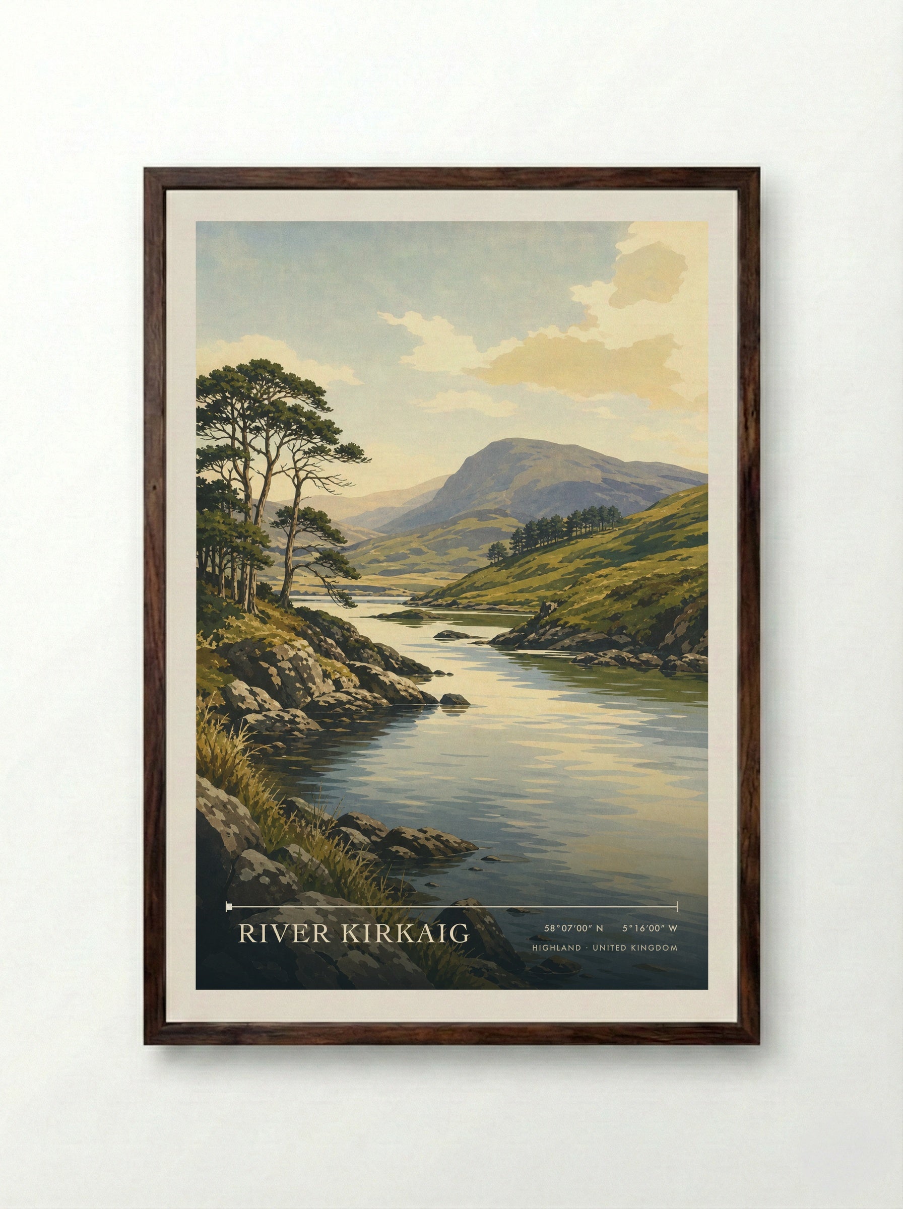 River Kirkaig Highland United Kingdom Travel Poster - Framed Print Dark Wood