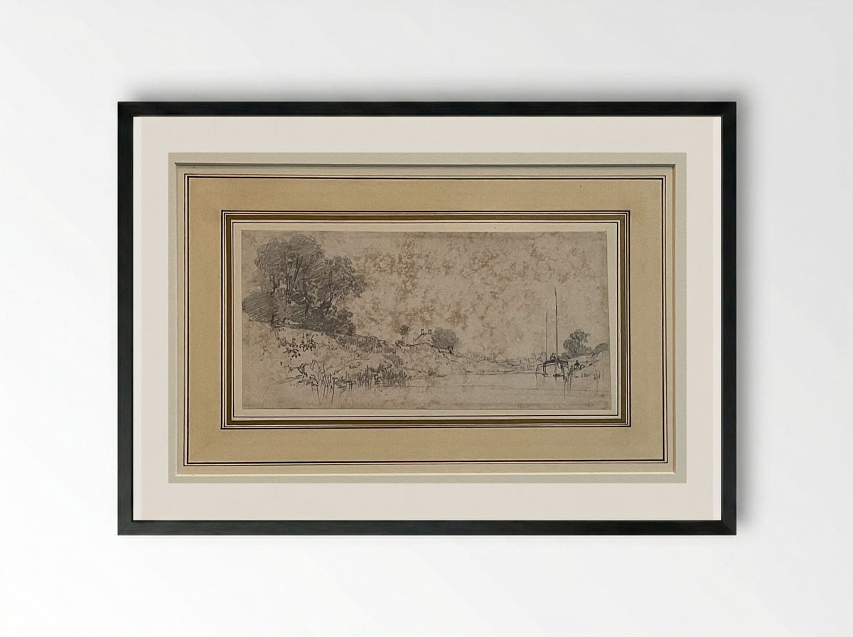River Landscape (Pencil and Wash) - Richard Parkes Bonington - Framed Print Black