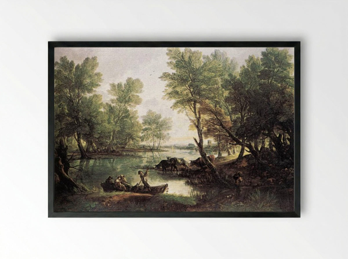 River Landscape with Cattle and Figures - Thomas Gainsborough - Framed Print Black
