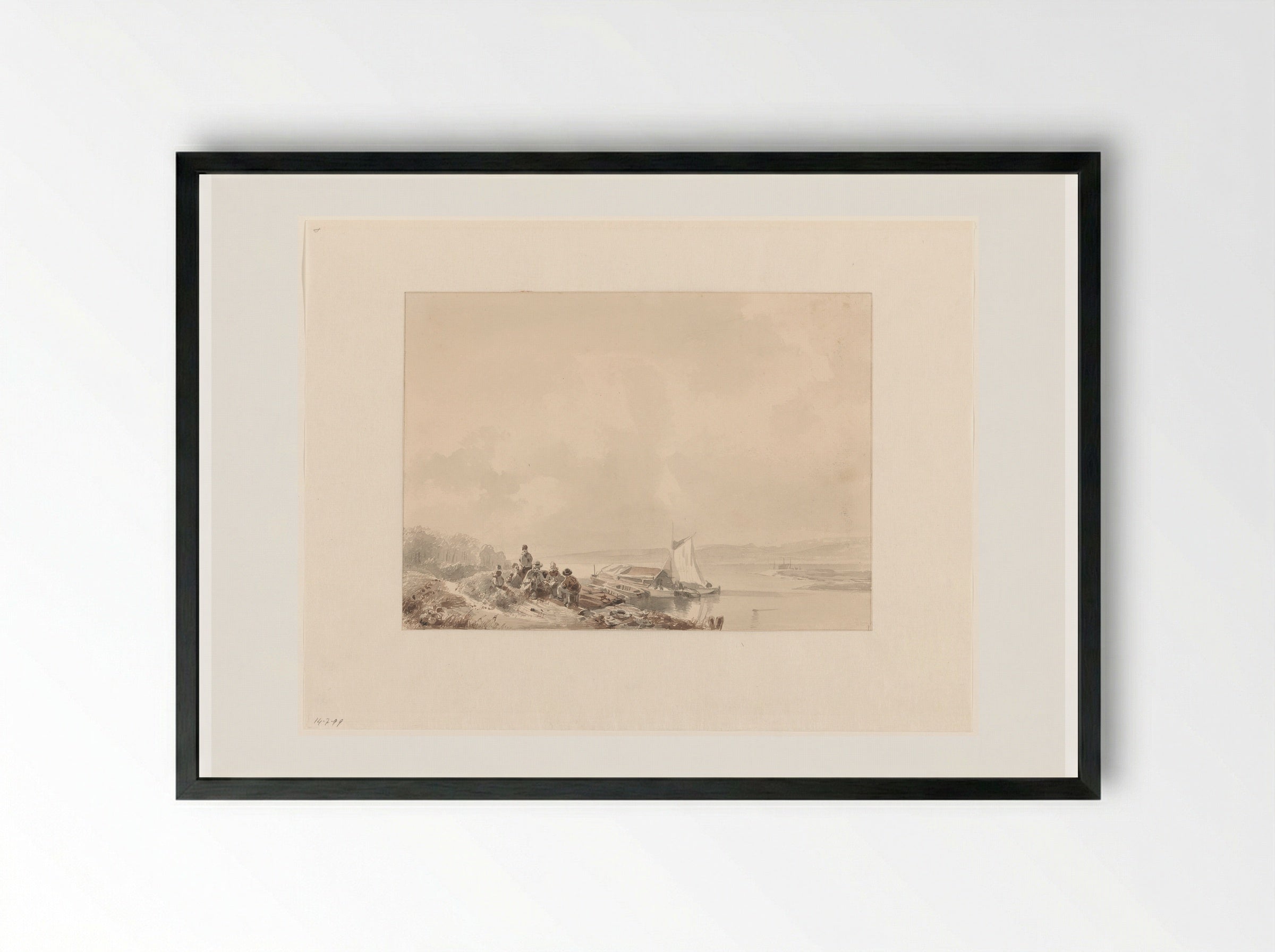 River Landscape with Figures - Andreas Schelfhout - Framed Print Black