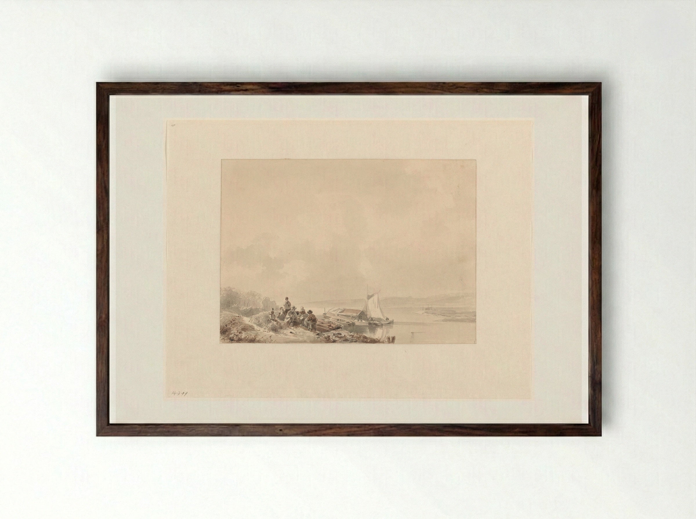 River Landscape with Figures - Andreas Schelfhout - Framed Print Dark Wood