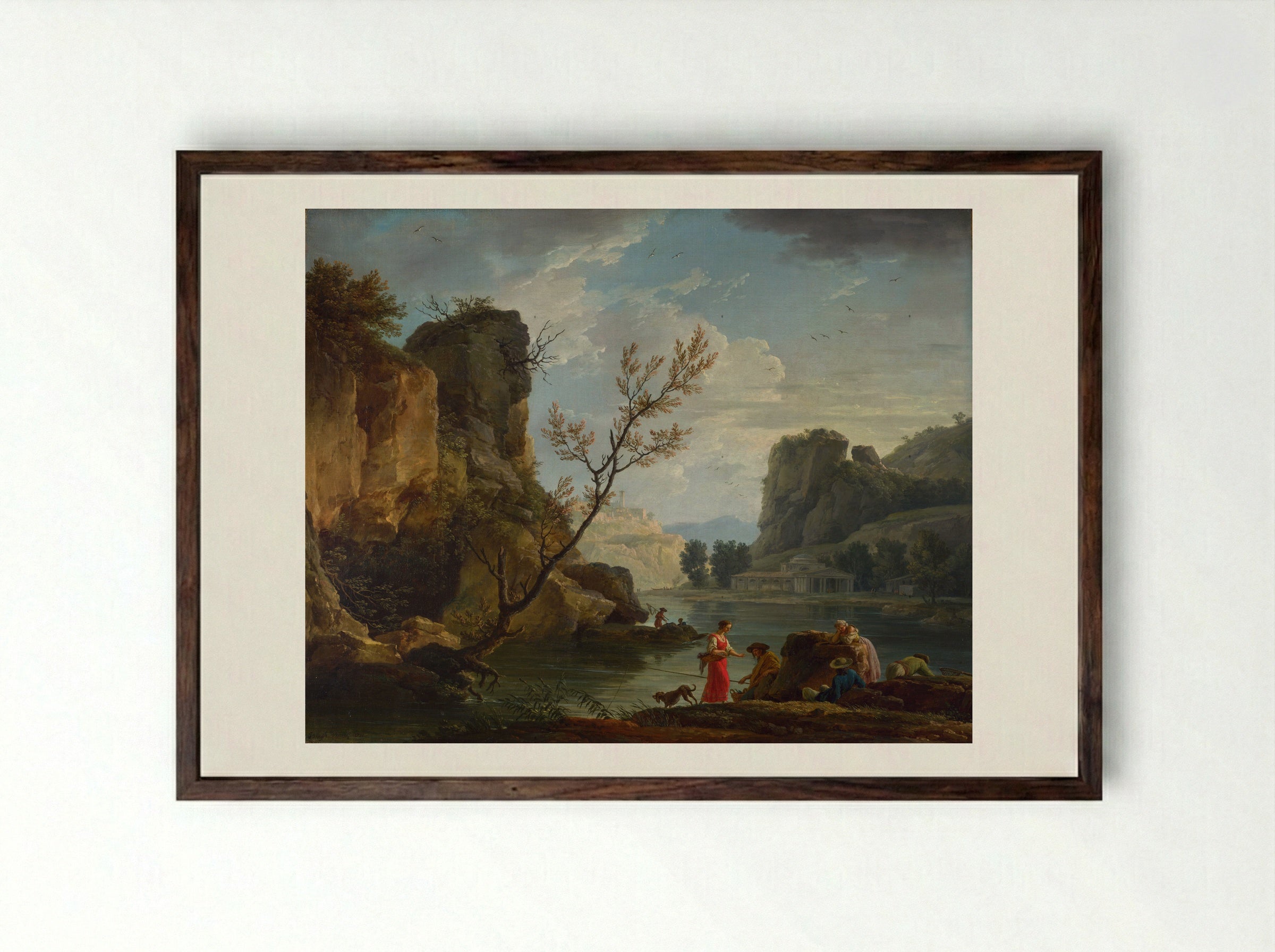 River Landscape with Fishermen - Claude-Joseph Vernet - Framed Print Dark Wood