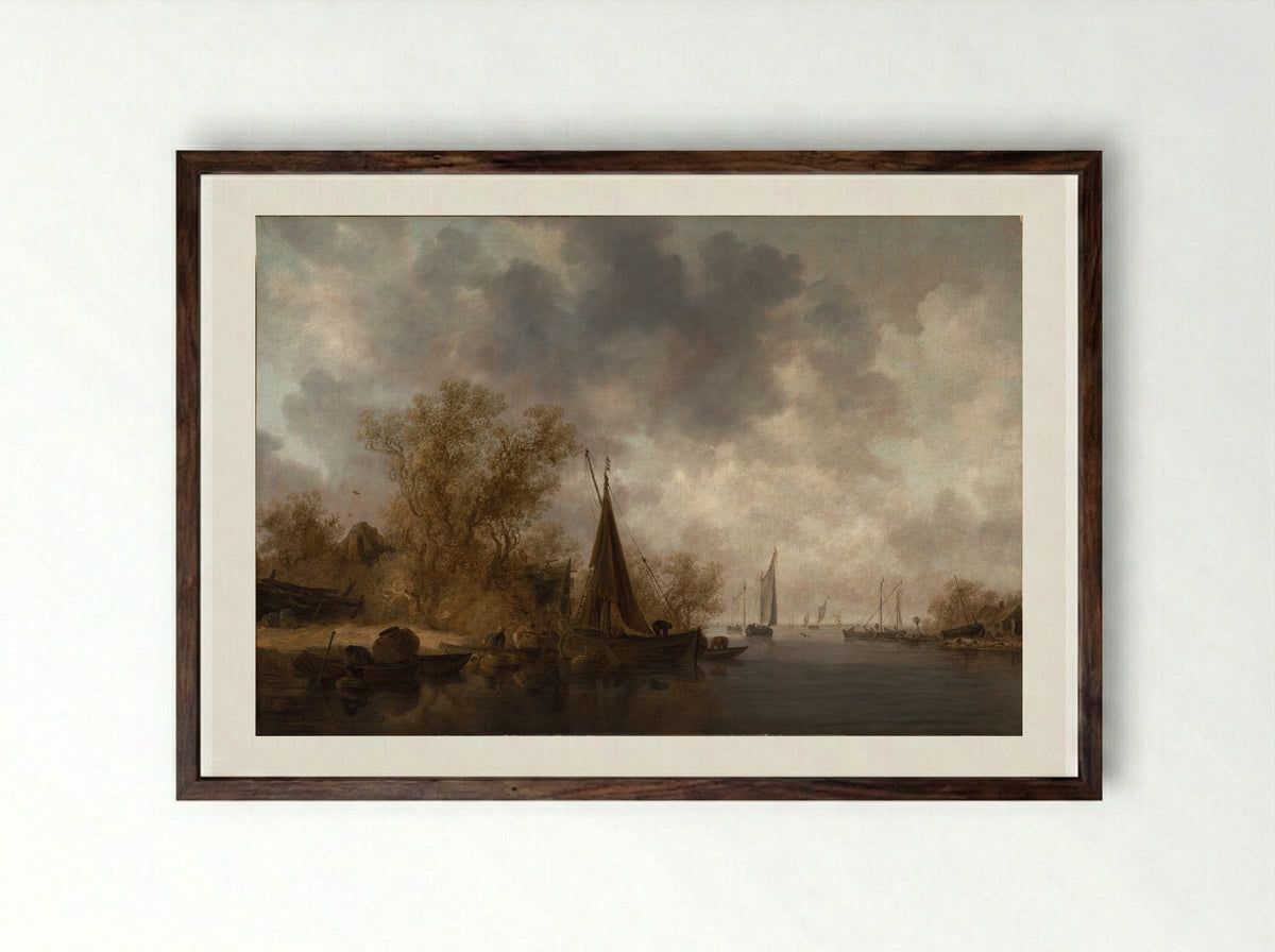 River Landscape with Fishing Boats - Jan van Goyen - Framed Print Dark Wood