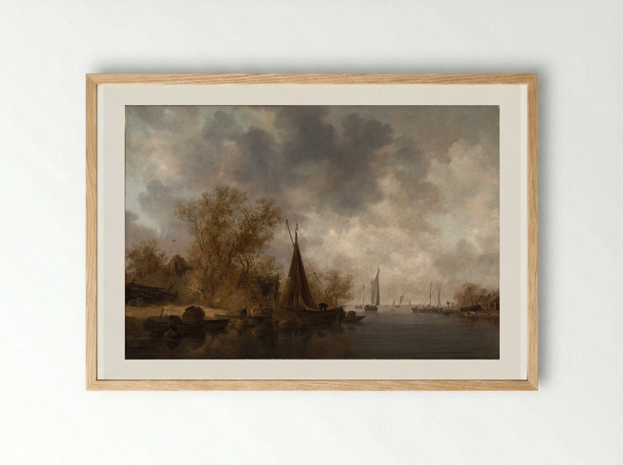 River Landscape with Fishing Boats - Jan van Goyen - Framed Print Wood