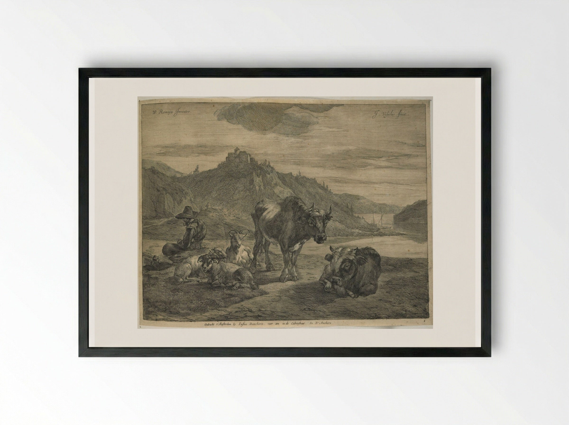 River Landscape with Resting Herdsman - Johannes Visscher - Framed Print Black