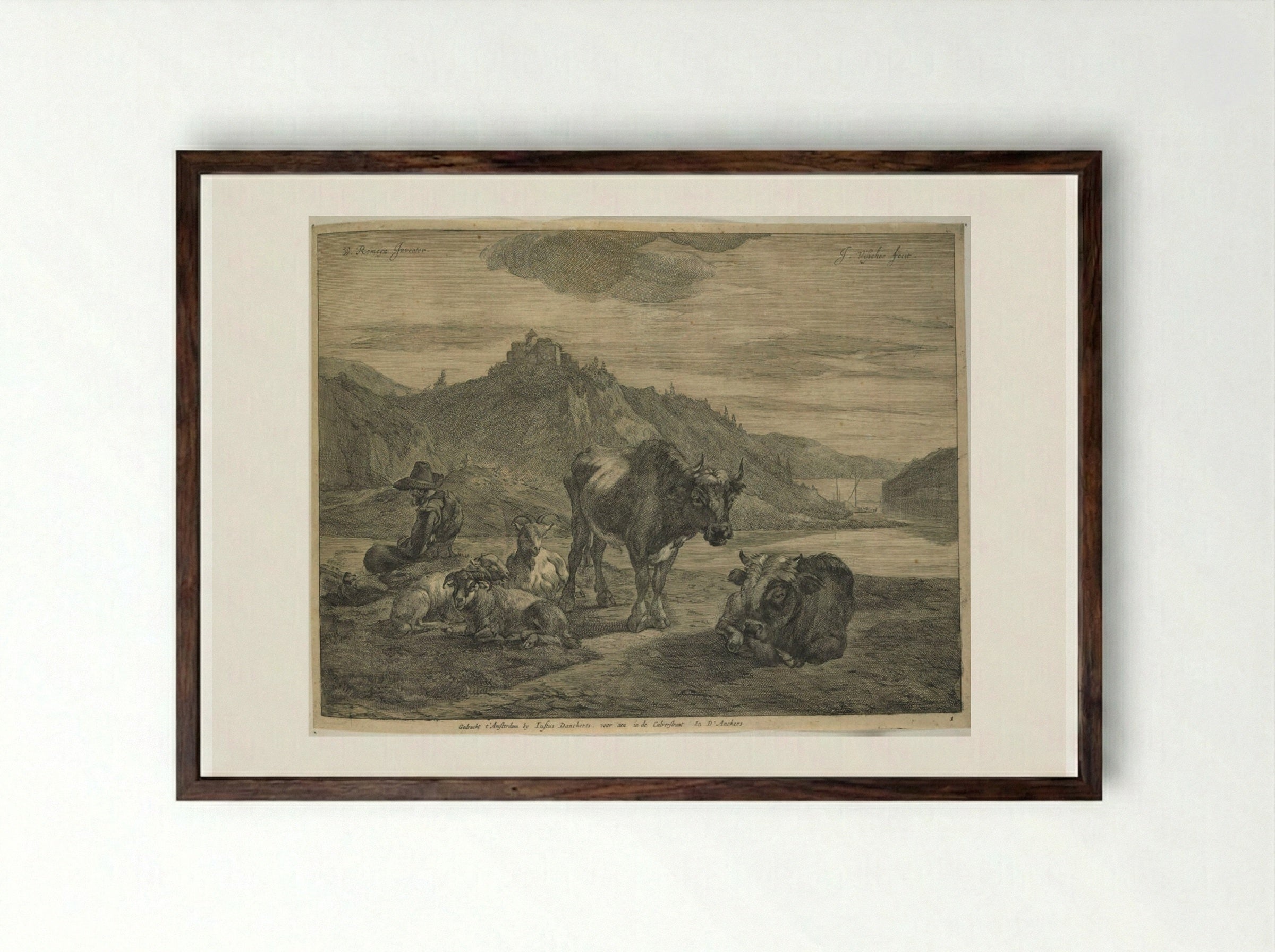 River Landscape with Resting Herdsman - Johannes Visscher - Framed Print Dark Wood