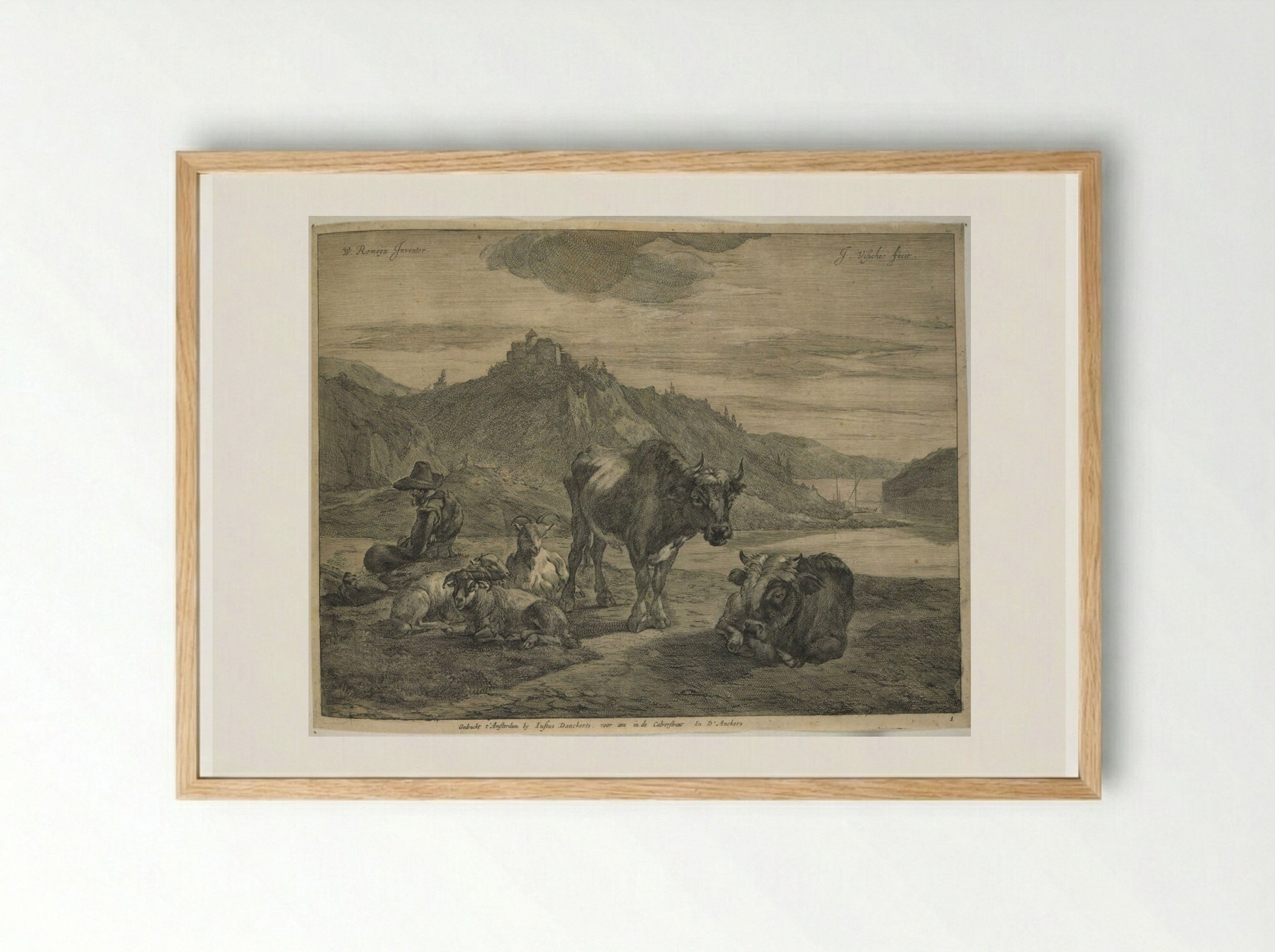 River Landscape with Resting Herdsman - Johannes Visscher - Framed Print Wood