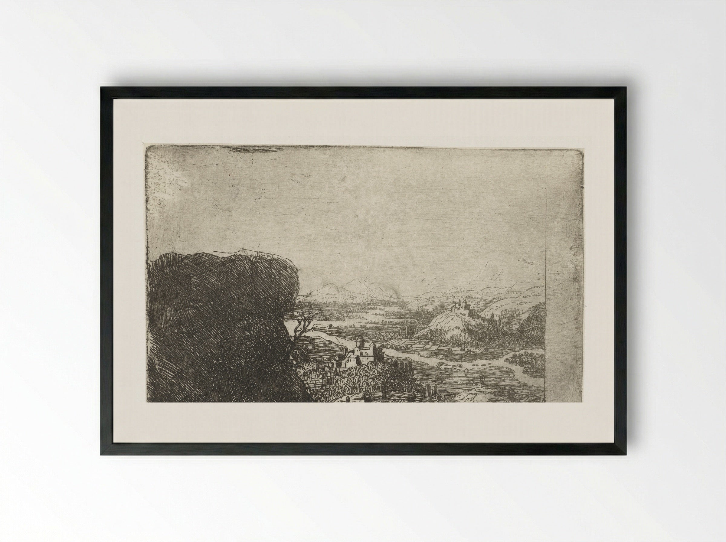 River Landscape with Rock and Two Castles - Jan Ruyscher - Framed Print Black