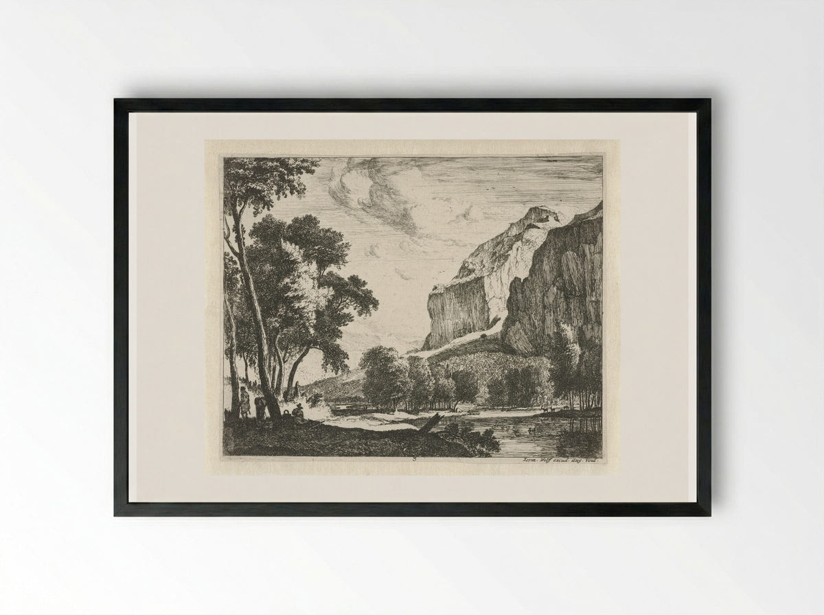 River Landscape with Rocks - Roelant Roghman - Framed Print Black